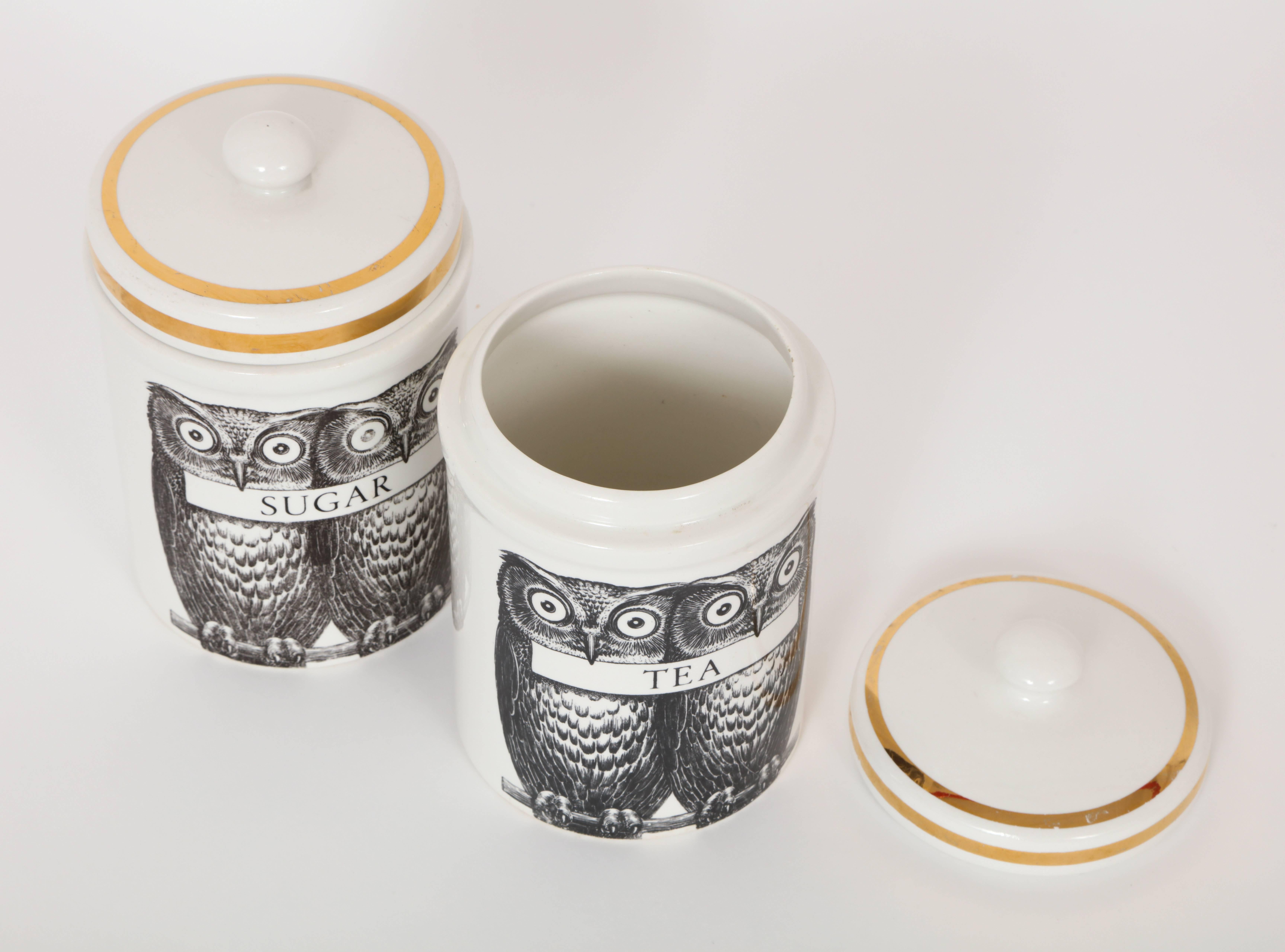 Italian Fornasetti Porcelain Owl Canisters Tea and Sugar, Mid Century 1950