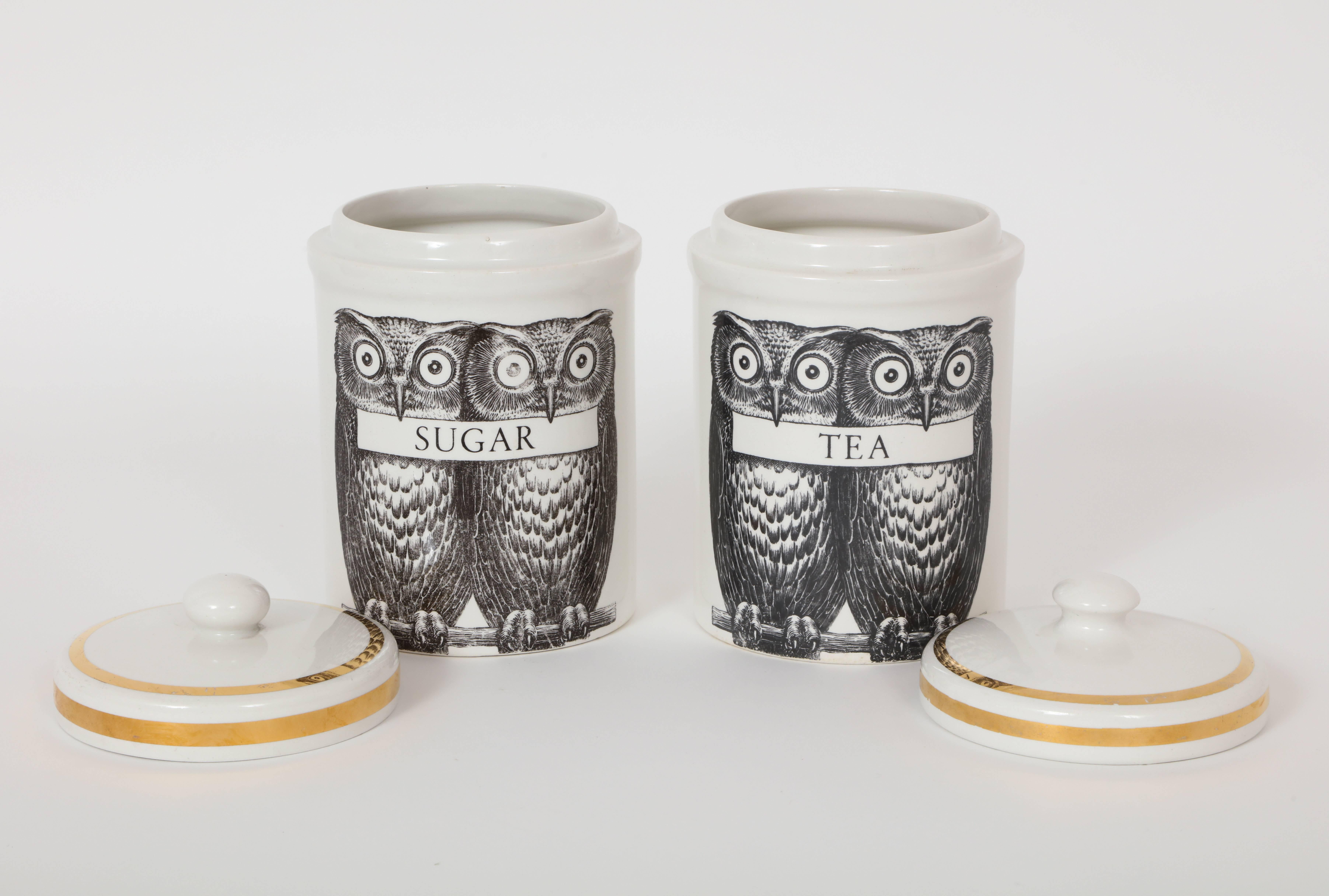 Fornasetti Porcelain Owl Canisters Tea and Sugar, Mid Century 1950 In Good Condition In New York, NY