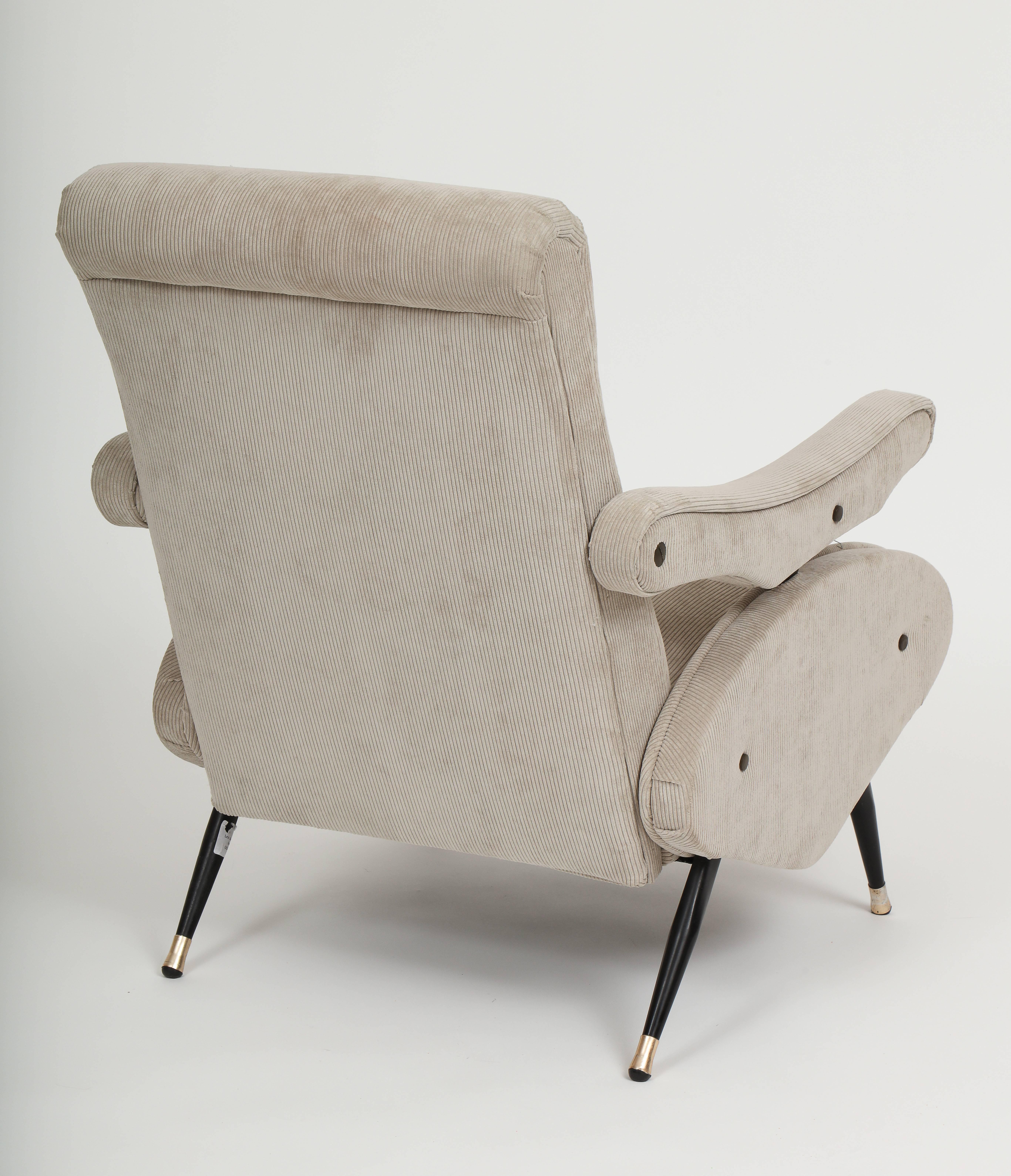 Metal Marco Zanuso Style Grey Velvet Corduroy Lounge Chair  Mid Century, Italian, 1960
