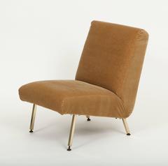 Motte Camel Mohair Chair and Ottoman Brass Legs Mid Century, France, 1960