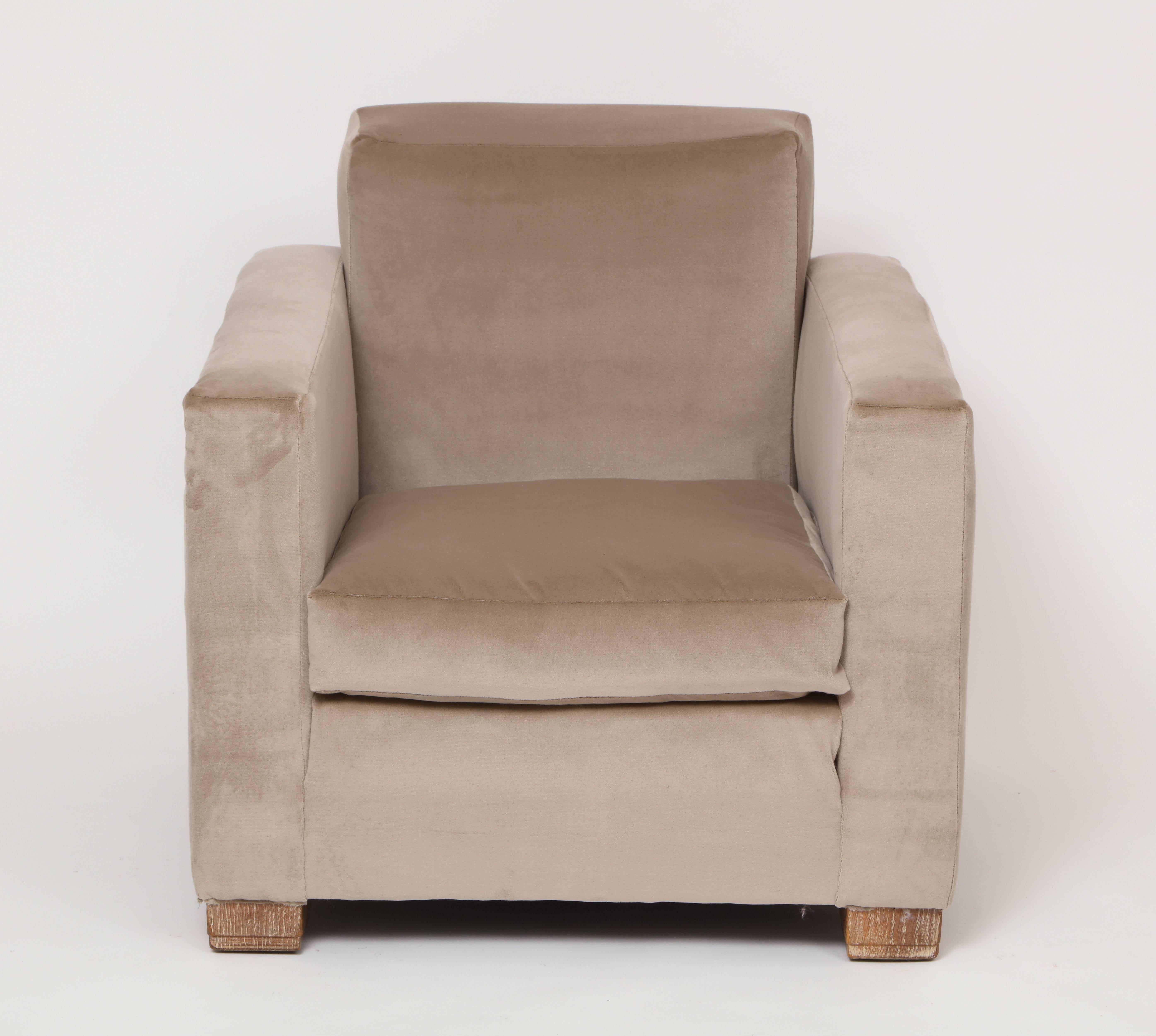 Jacques Adnet Attributed Mid-Century Cerused Lounge Club Chair, French, 1940s.
This is a Jacques Adnet attributed club chair in newly upholstered in heavy grey velvet.
It is extremely comfortable and down filled from it's original