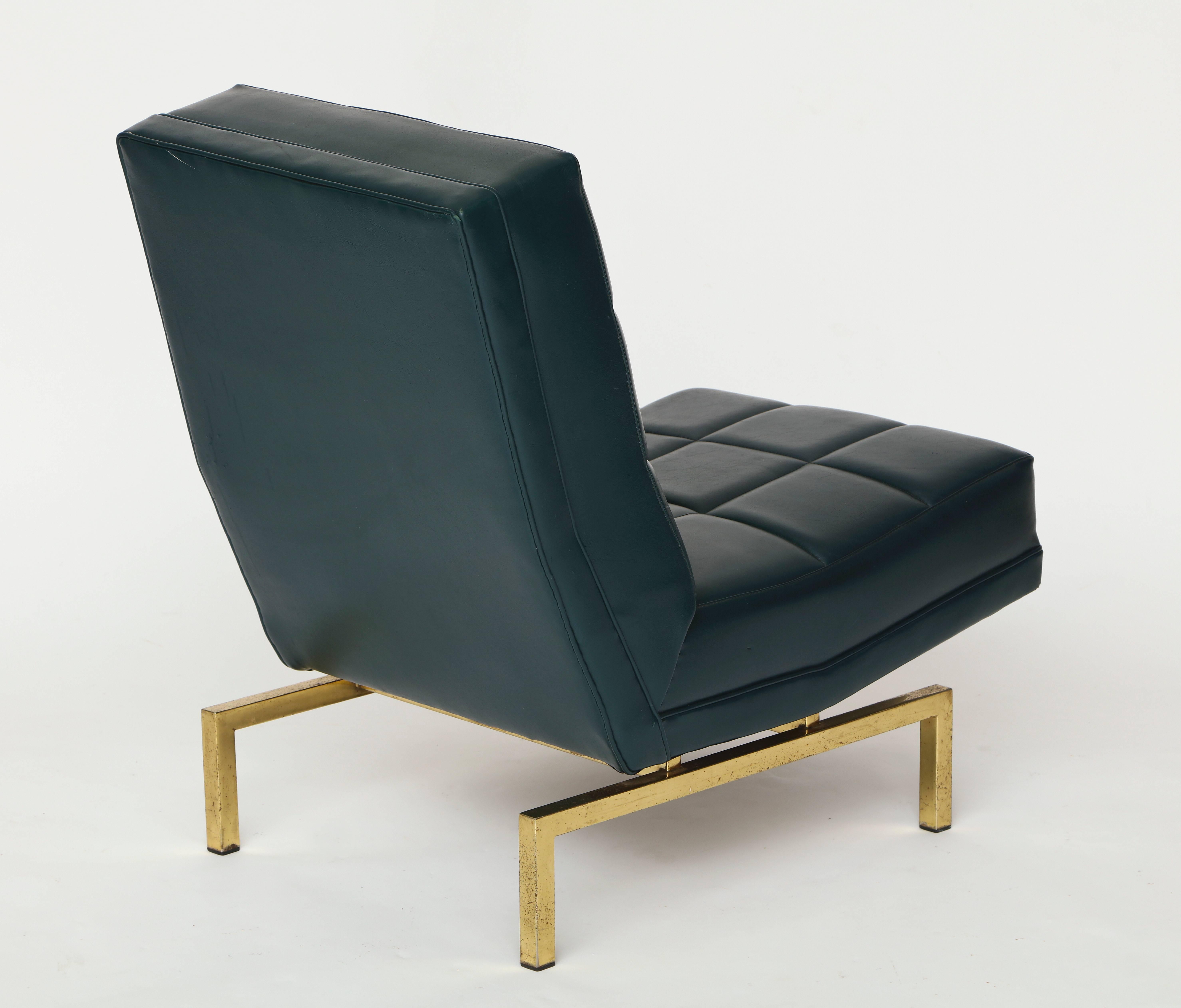 Mid-Century Modern Louis Paolozzi Green Mid Century Lounge Chairs on Brass Bases, France, 1950s