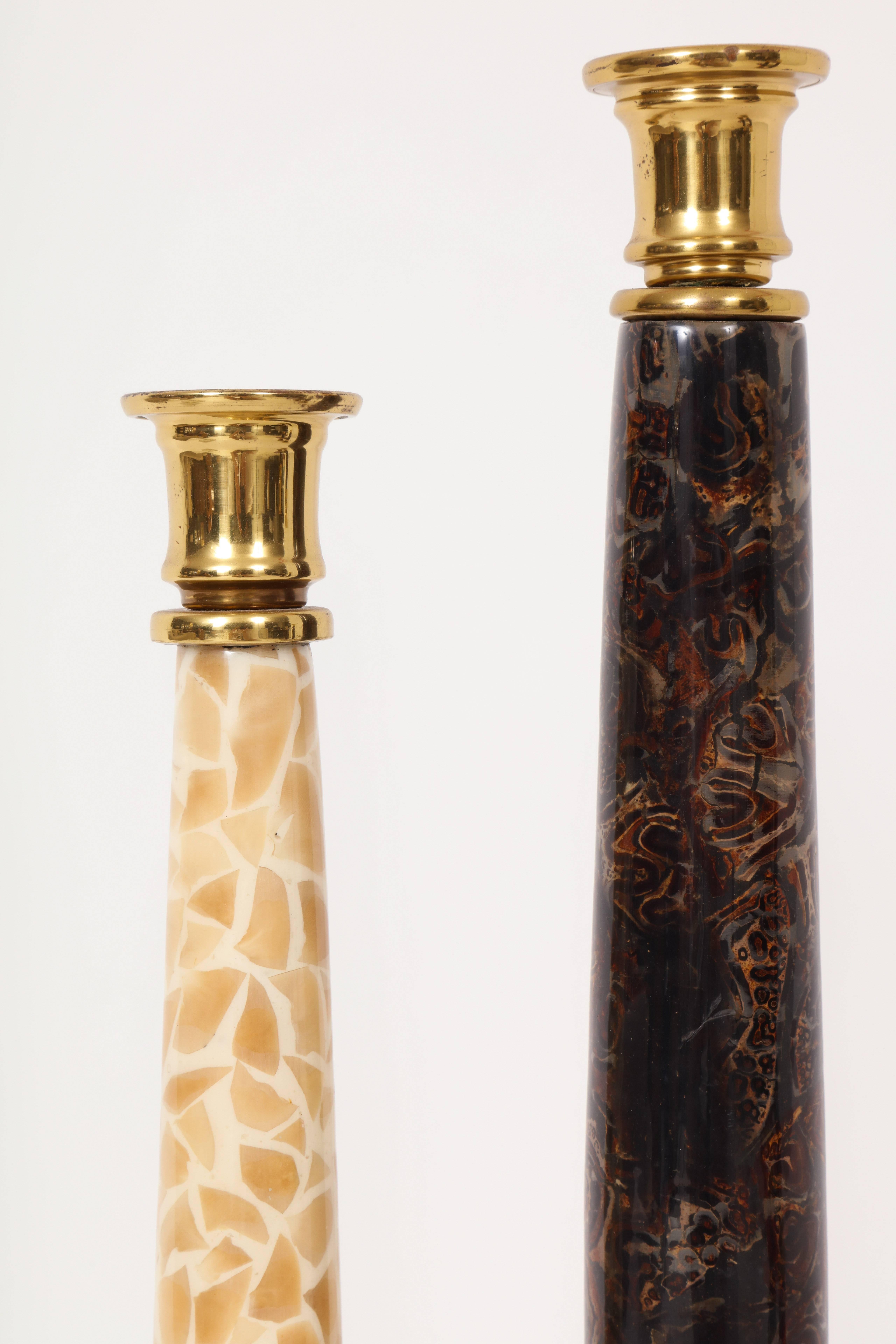 Enrique Garcel Tessellated Bone Shell Lacquer Brown Brass Candleholders In Good Condition For Sale In New York, NY
