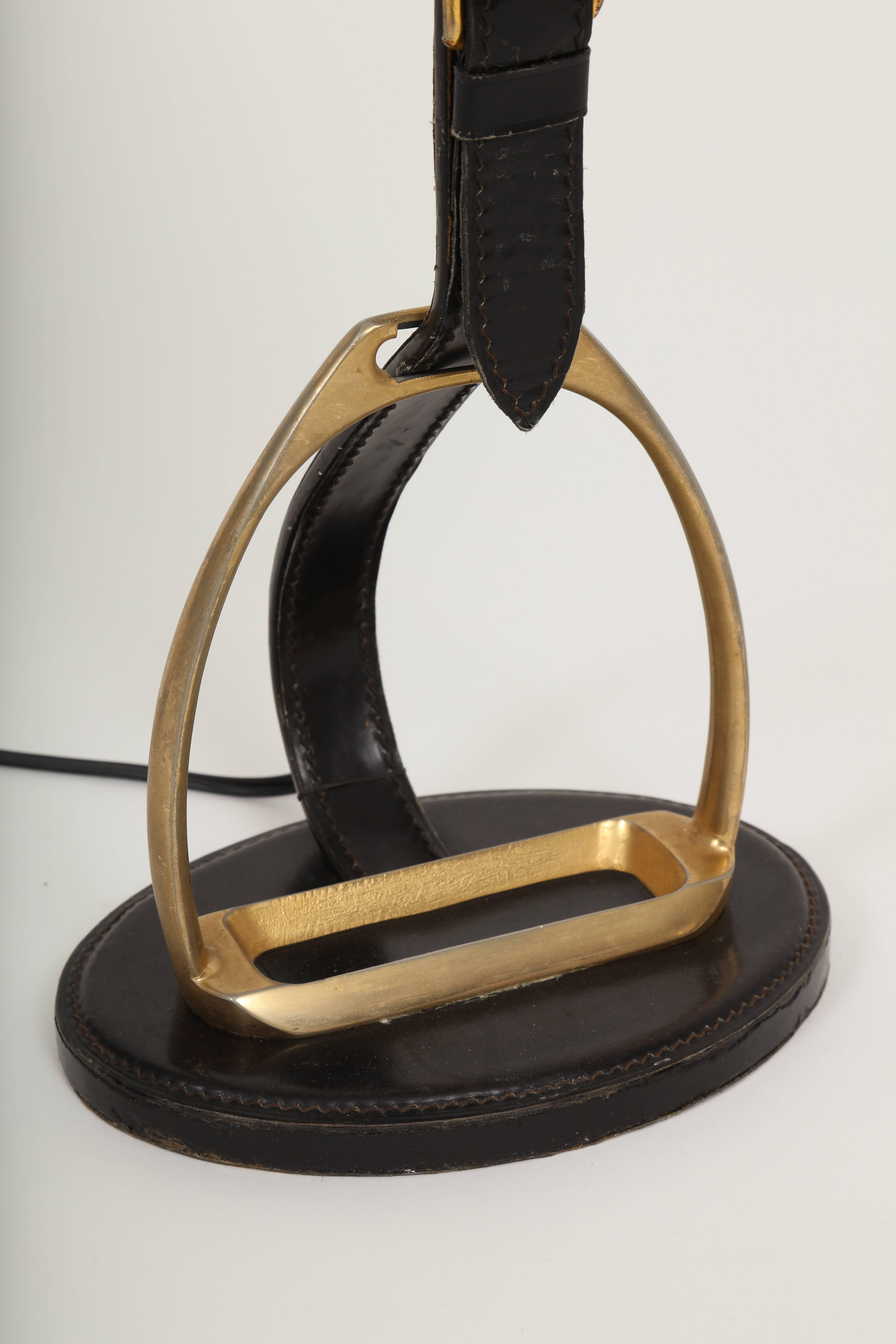 Mid-Century Modern Longchamp Equestrian Mid-Century Brass Leather Horse Buckle Lamp, 1950s France