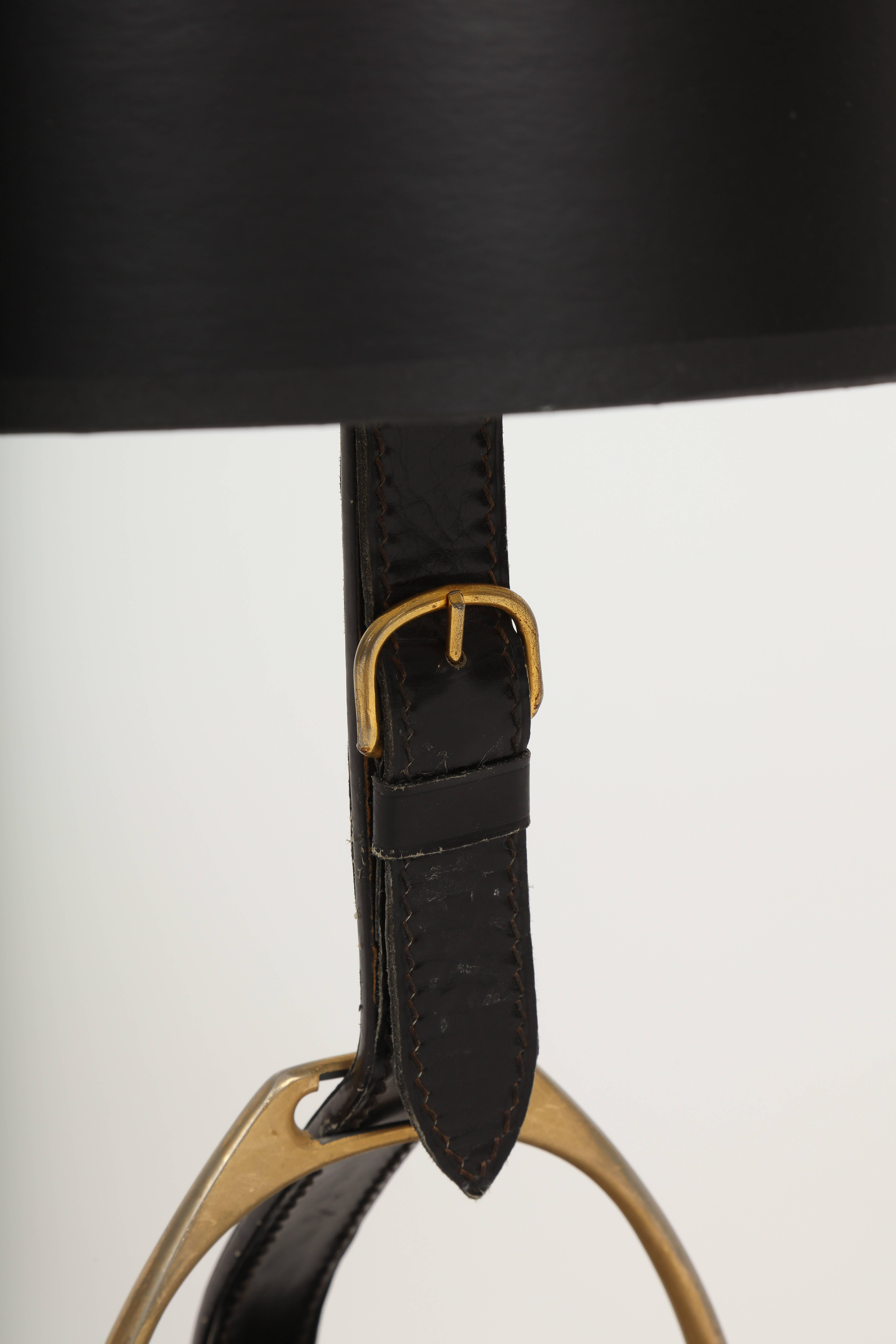 French Longchamp Equestrian Mid-Century Brass Leather Horse Buckle Lamp, 1950s France