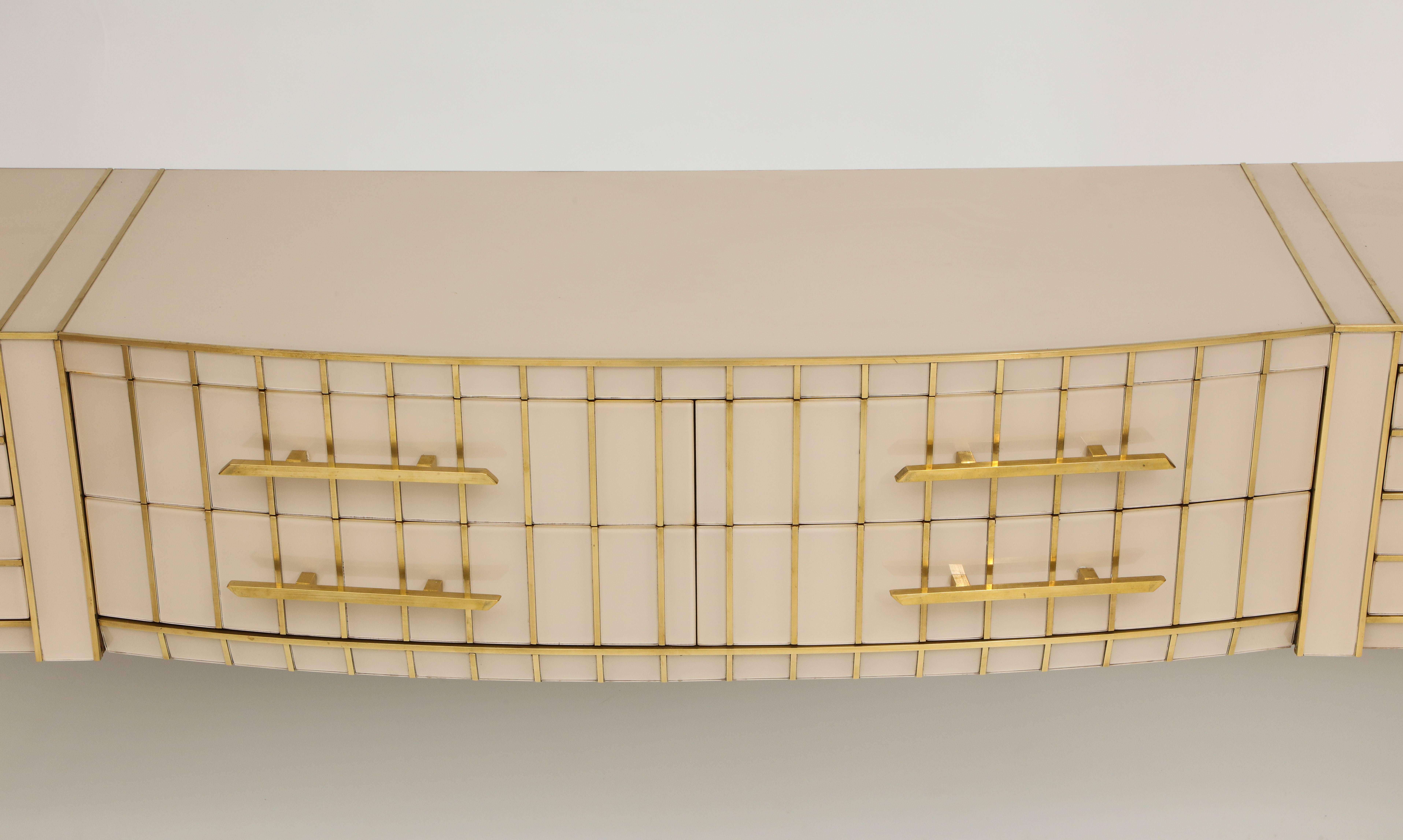 Inlay Italian Midcentury White Glass Sideboard Credenza and Brass, 1960s
