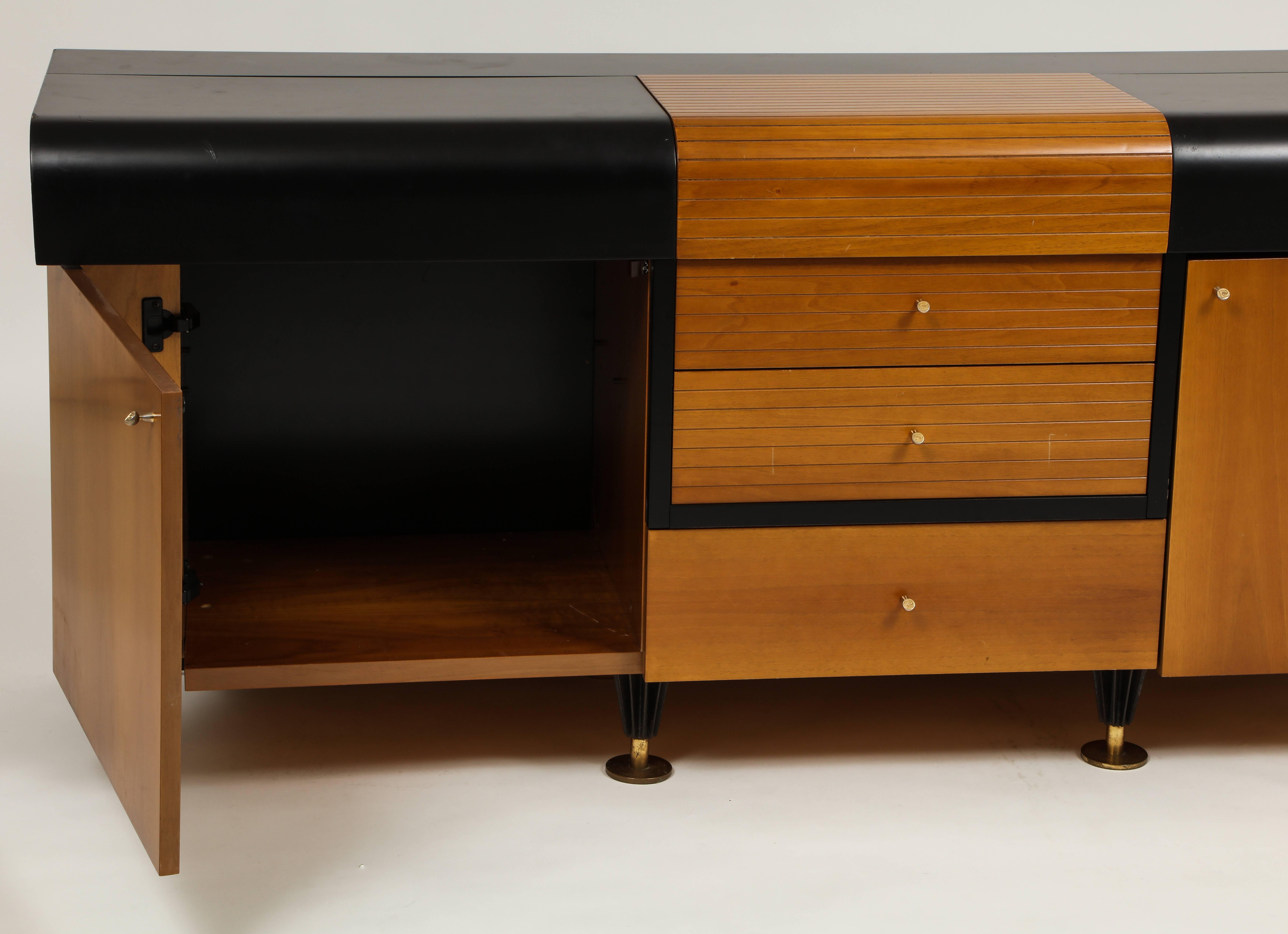 Mid-Century Modern Pierre Cardin Sideboard Buffet Dresser Black Brown Wood Brass Detail 1980s-1990s