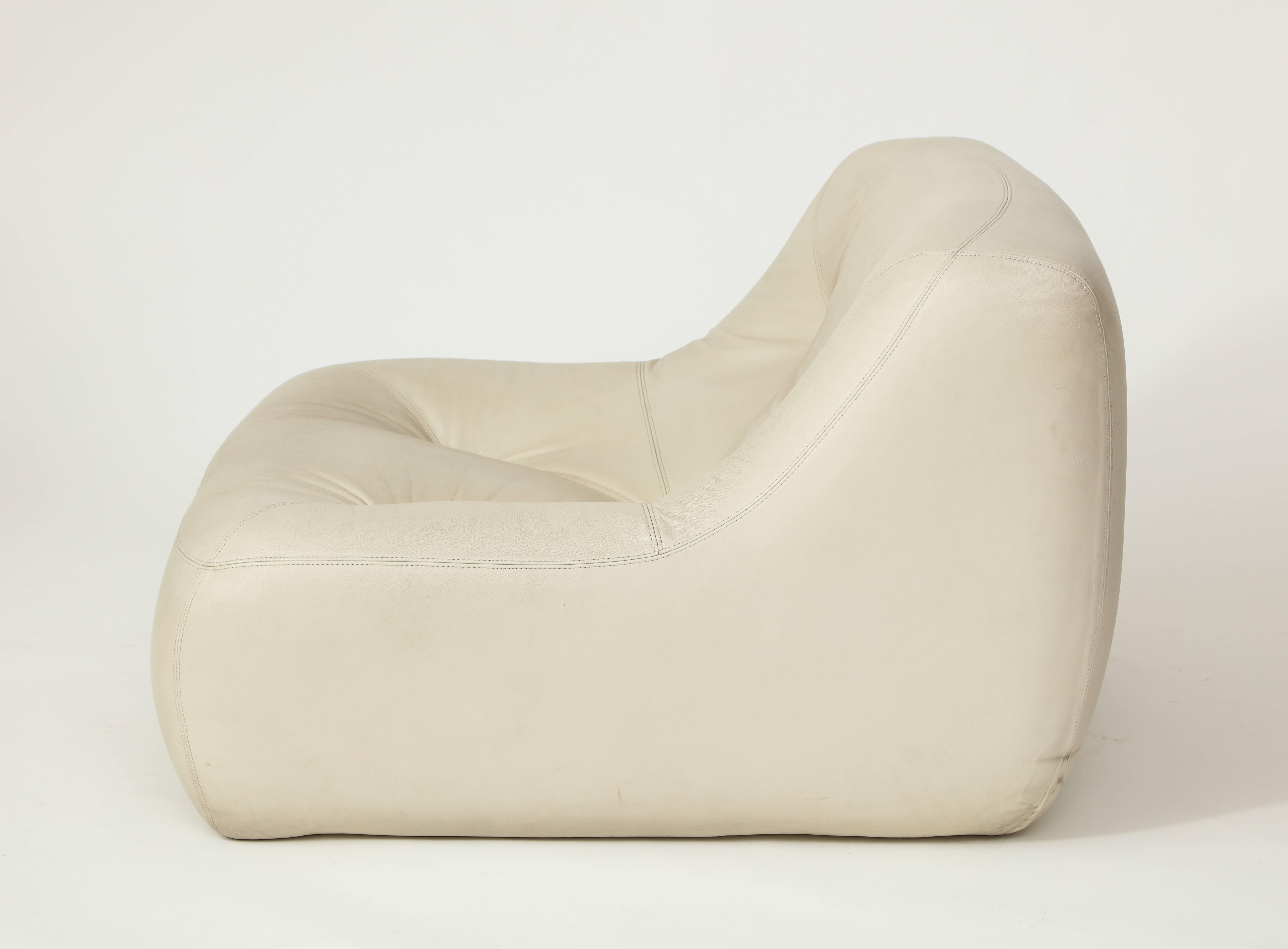 Mid-Century Modern Ligne Roset Vintage White Leather Set Michel Ducaroy Kali Chair Sofa, 1970