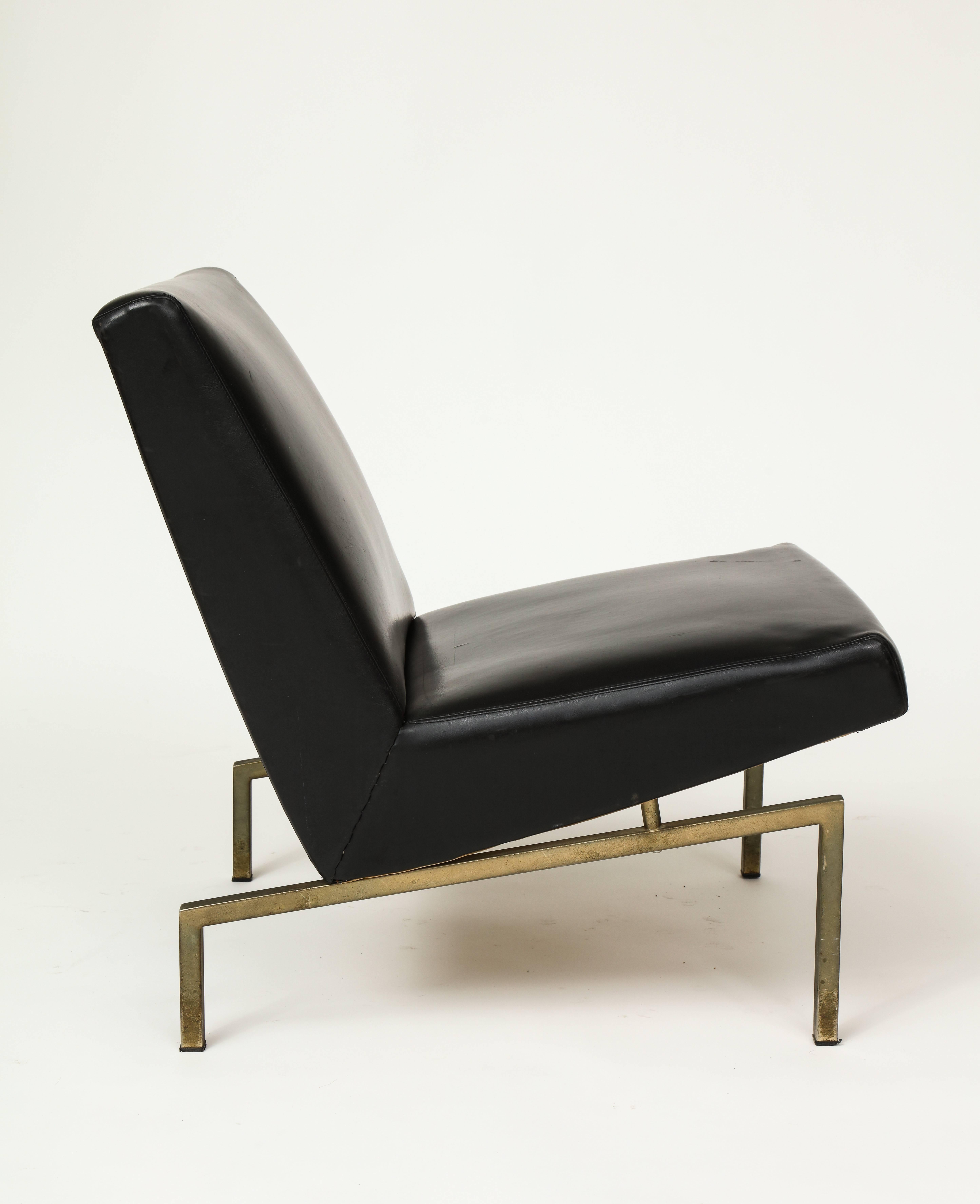 French Joseph Andre Motte Black Tempo Pair Lounge Chairs Brass Mid-Century, France