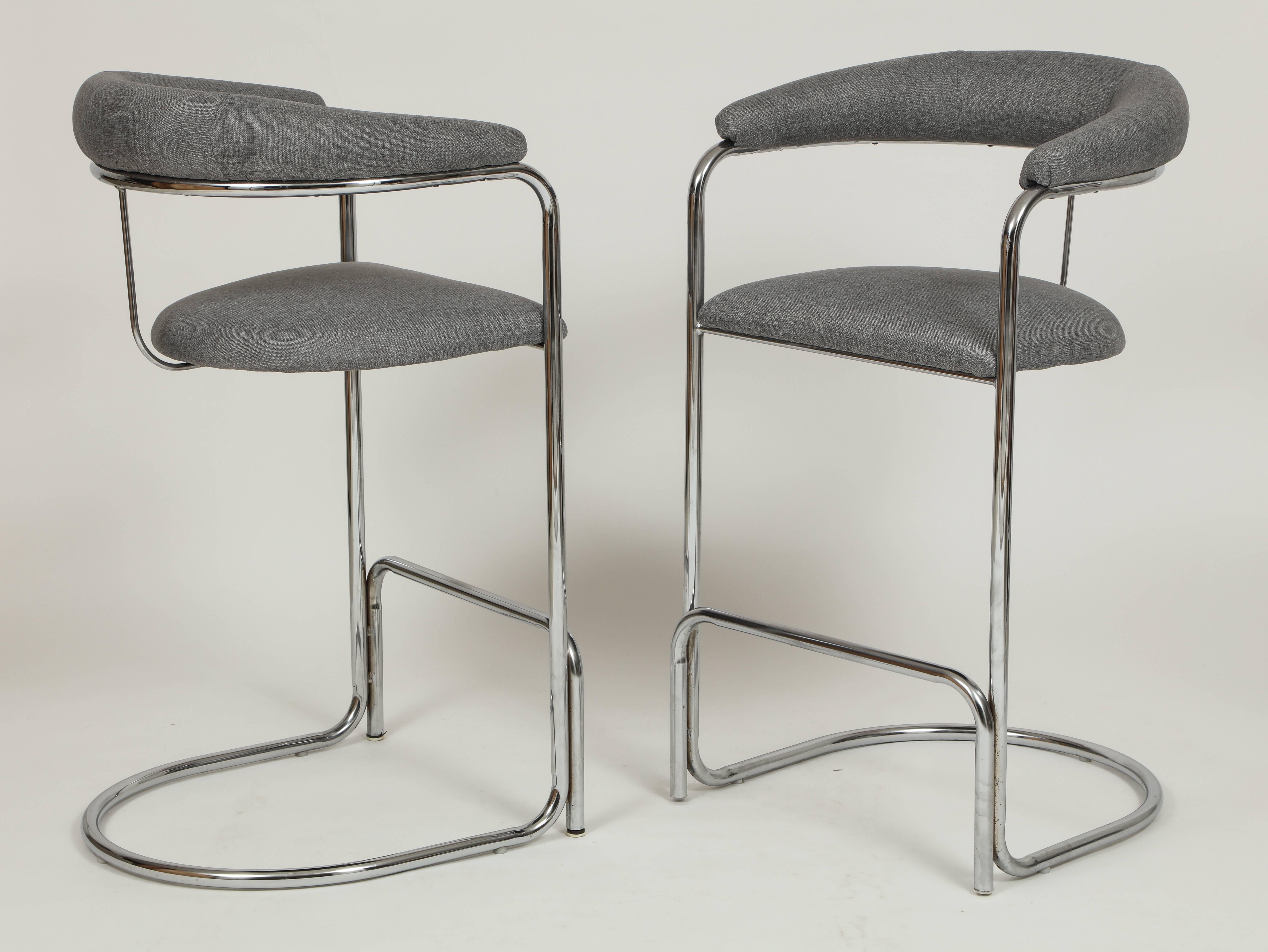 Mid-Century Modern Vintage Grey Wool and Chrome Thonet Bar Stools, 1960s, Mid-Century