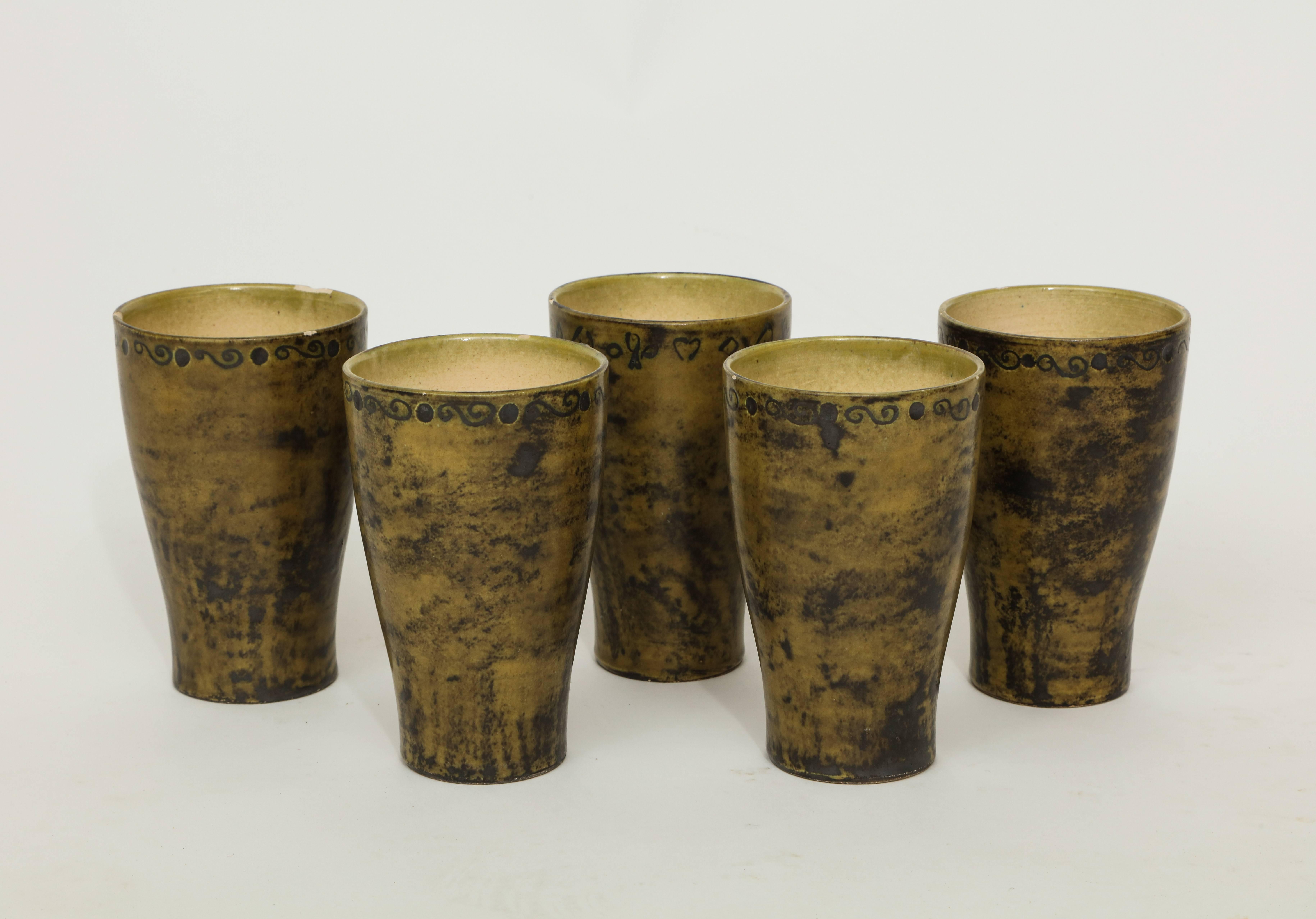 French Jacques Blin Five Ceramic Cups or Vases Mid-Century, France, 1950s