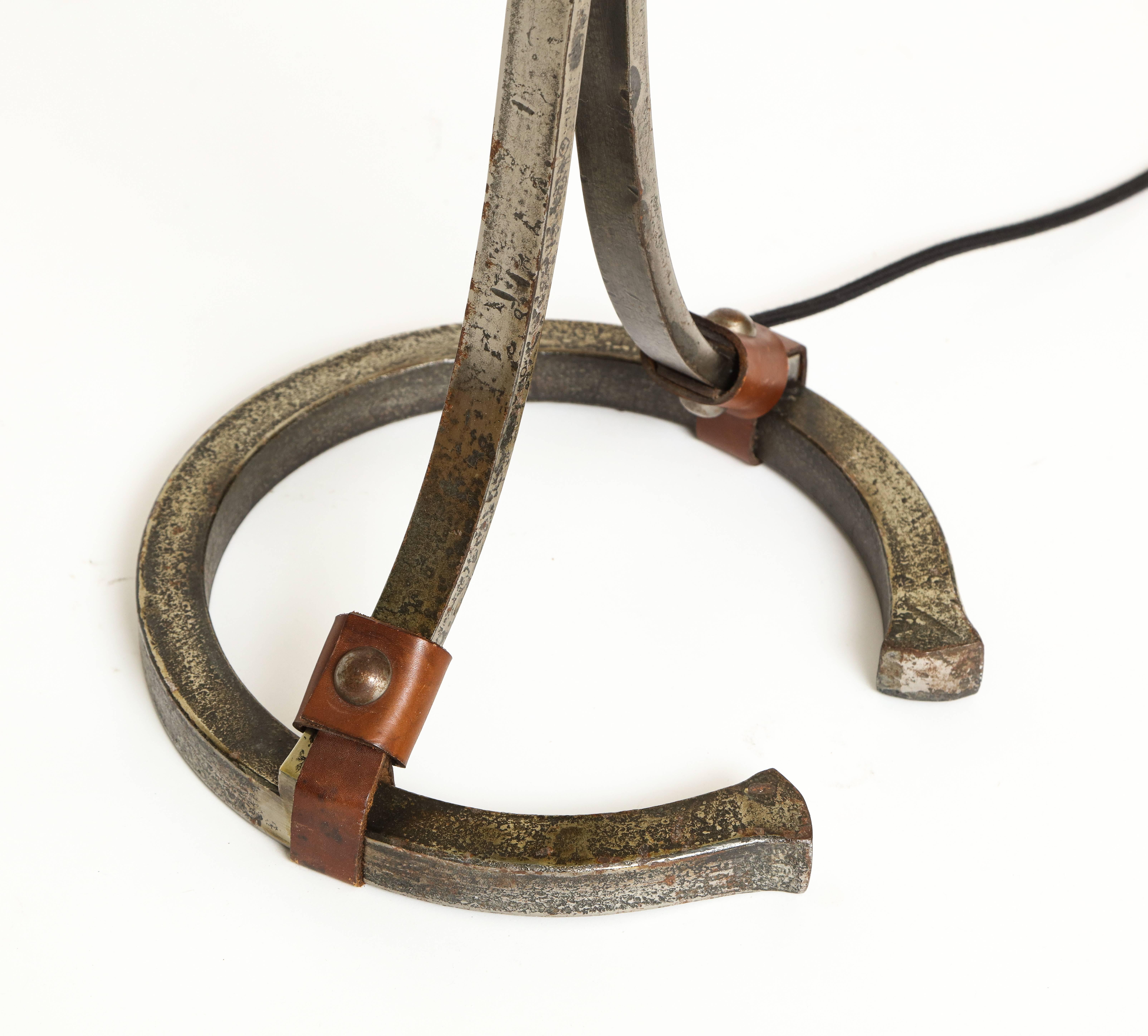 Mid-Century Modern Jacques Adnet Iron and Leather Horseshoe Lamp, 1950s-1960s, France, Mid-Century