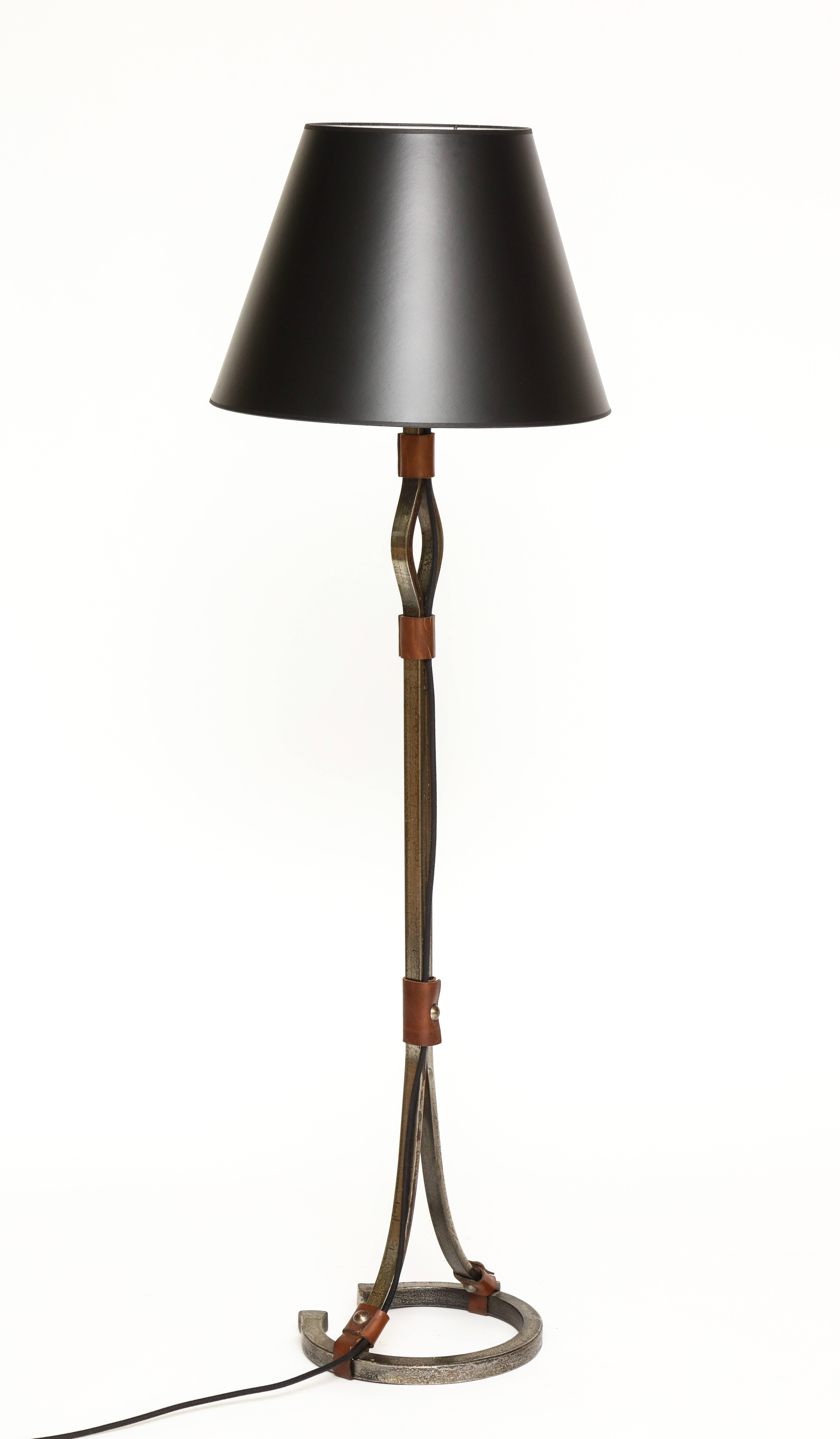 Jacques Adnet Iron and Leather Horseshoe Lamp, 1950s-1960s, France, Mid-Century In Good Condition In New York, NY