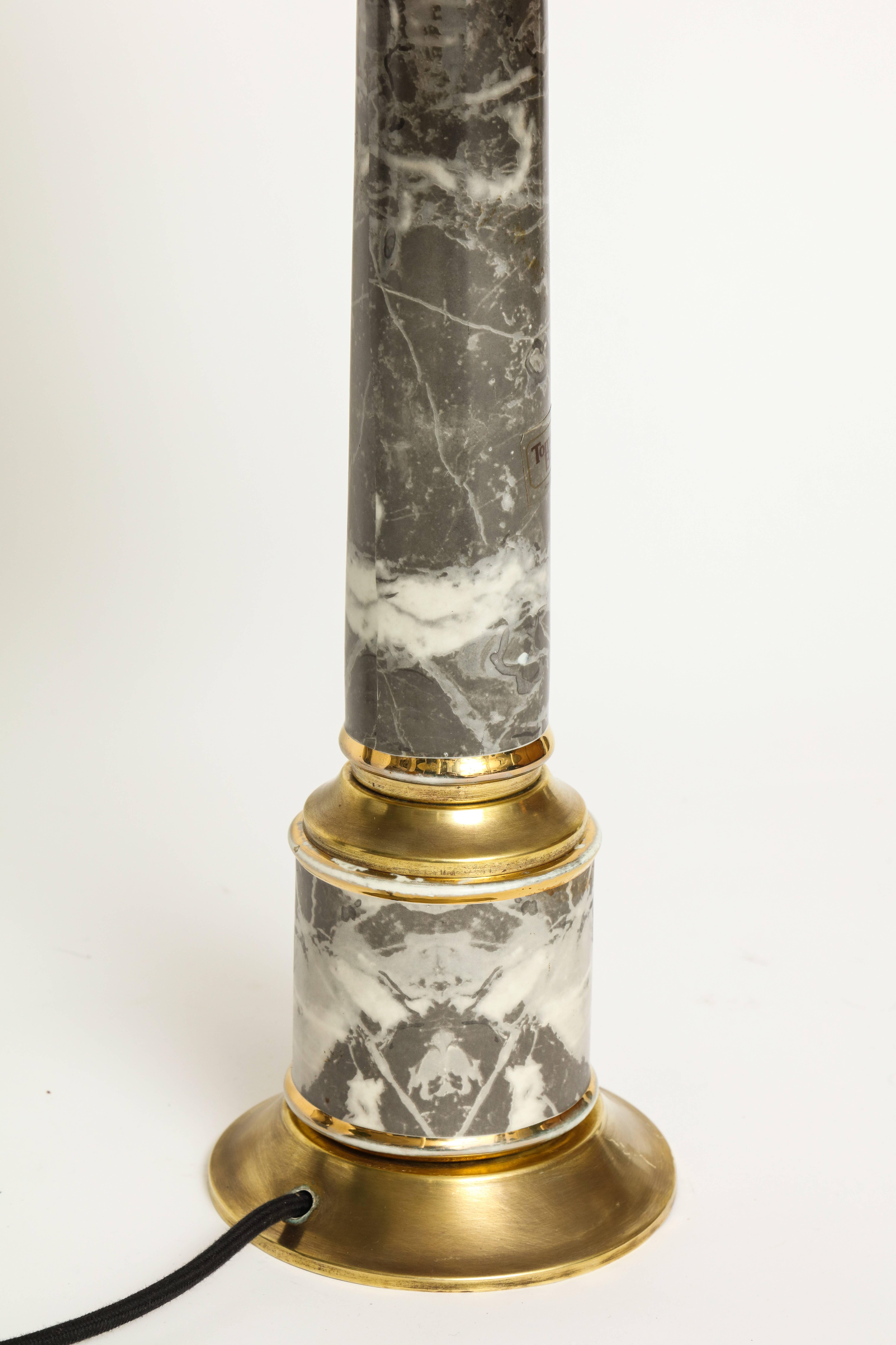 Italian Tommaso Barbi Signed Faux Marble and Brass Grey Lamp, Italy, 1970s For Sale