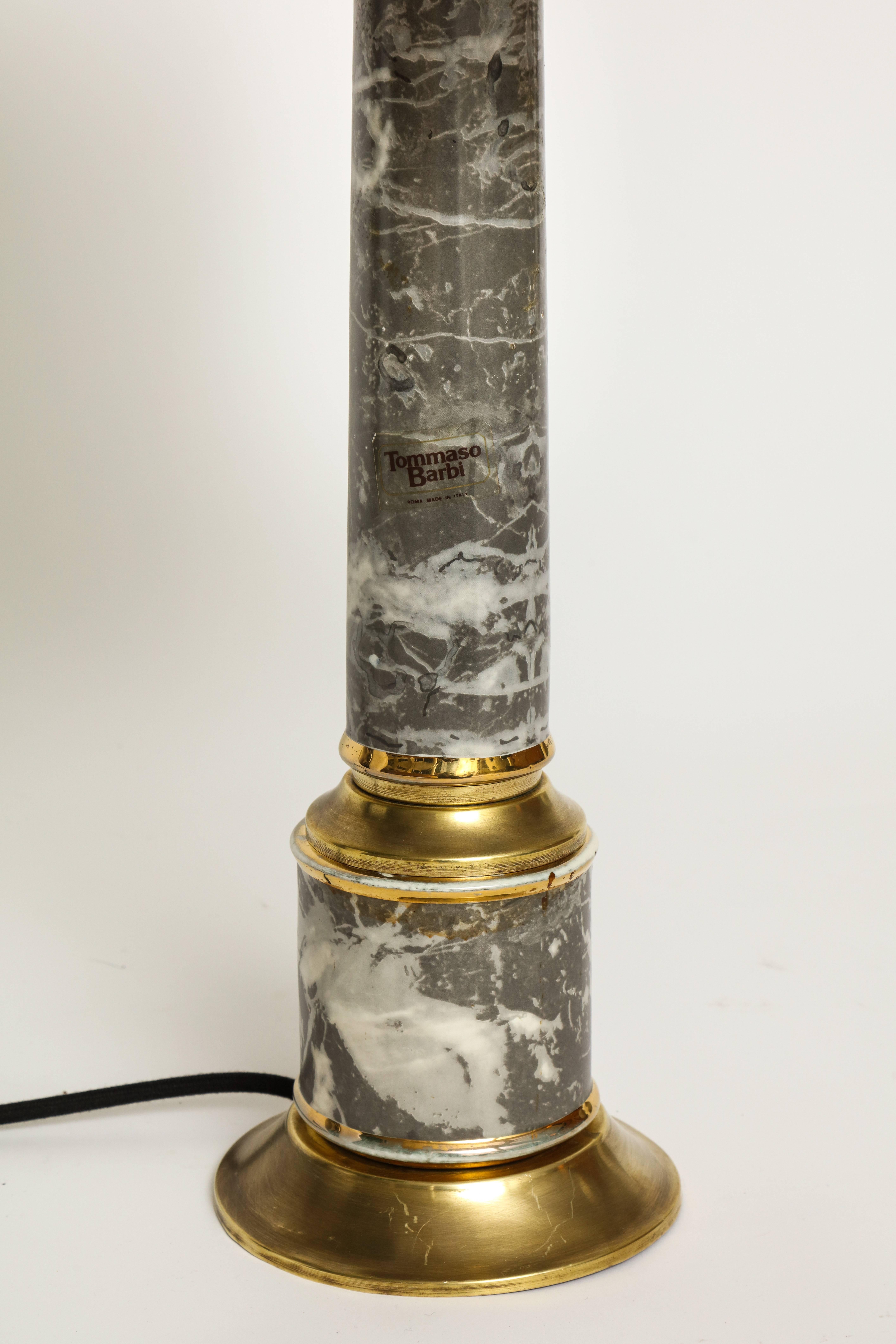 Tommaso Barbi Signed Faux Marble and Brass Grey Lamp, Italy, 1970s In Good Condition For Sale In New York, NY