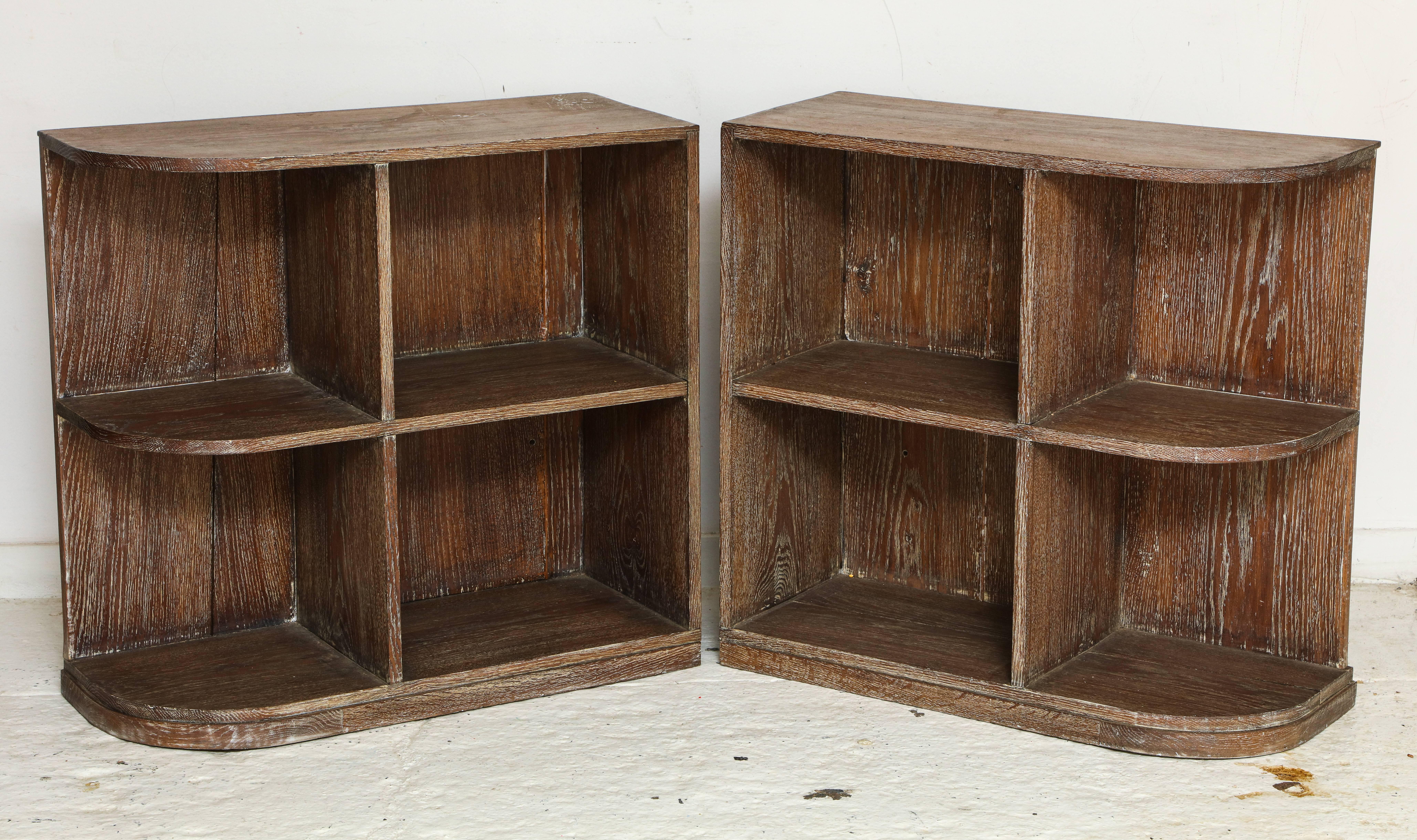 French Pair of Deco Cerused Oak Shelves, End Side Tables, France, 1930-1950