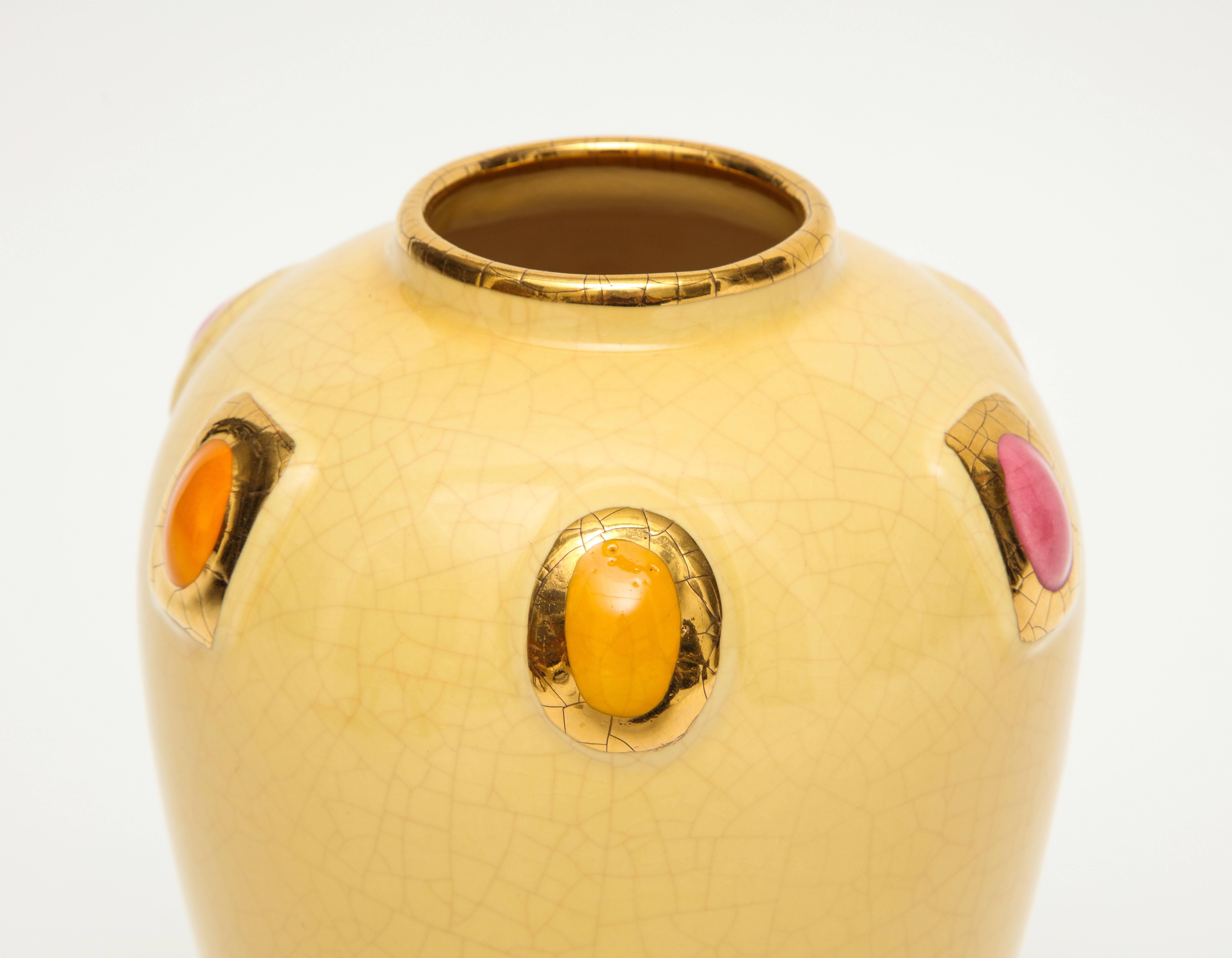 20th Century Longwy Pair of Ceramic Vases Gold Enamel Encrusted Jewels France Mid-Century