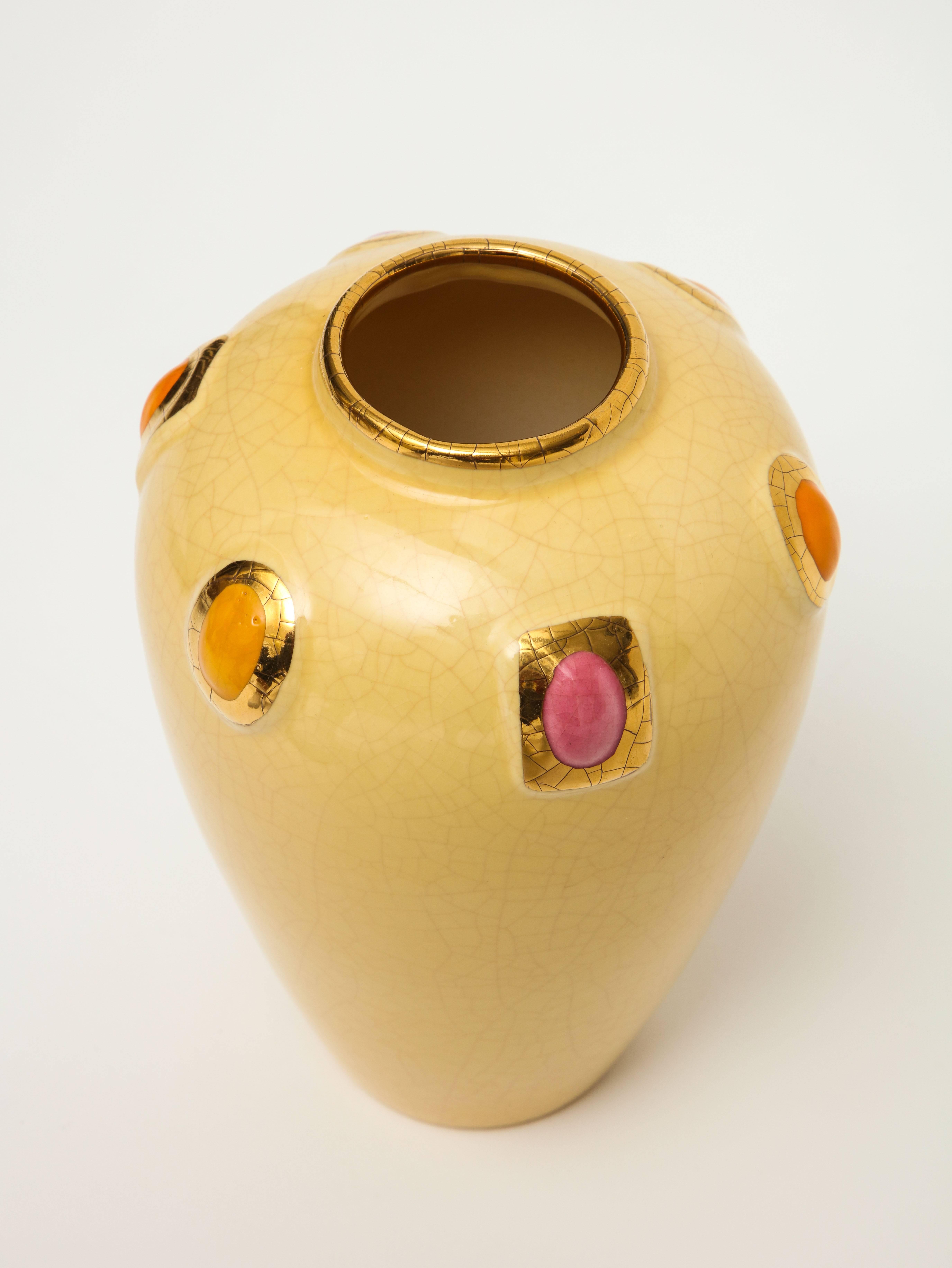 Longwy Pair of Ceramic Vases Gold Enamel Encrusted Jewels France Mid-Century 2