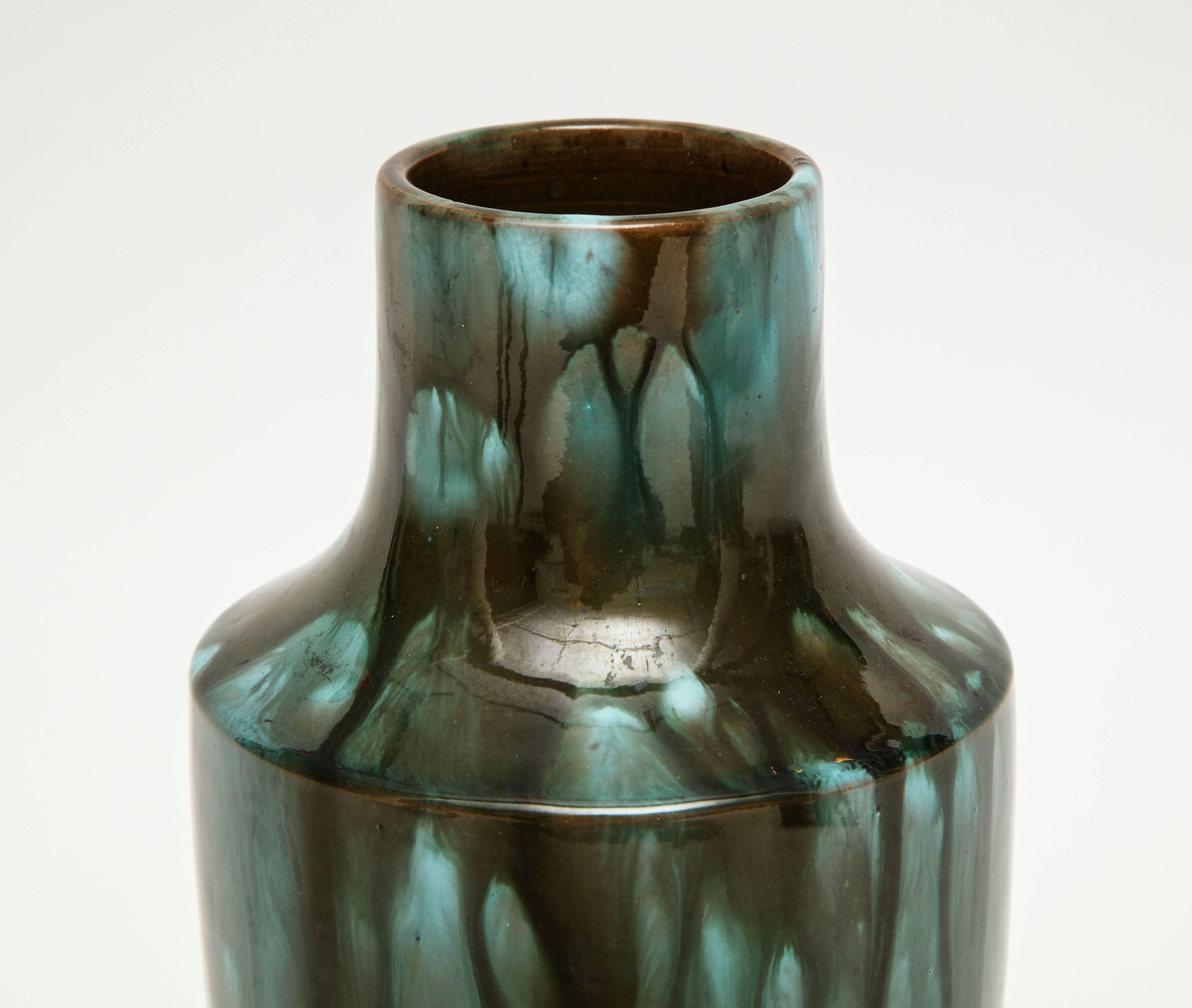 Art Deco Primavera Accolay Massier Ceramic Green Black Vases, France, 1930s Midcentury