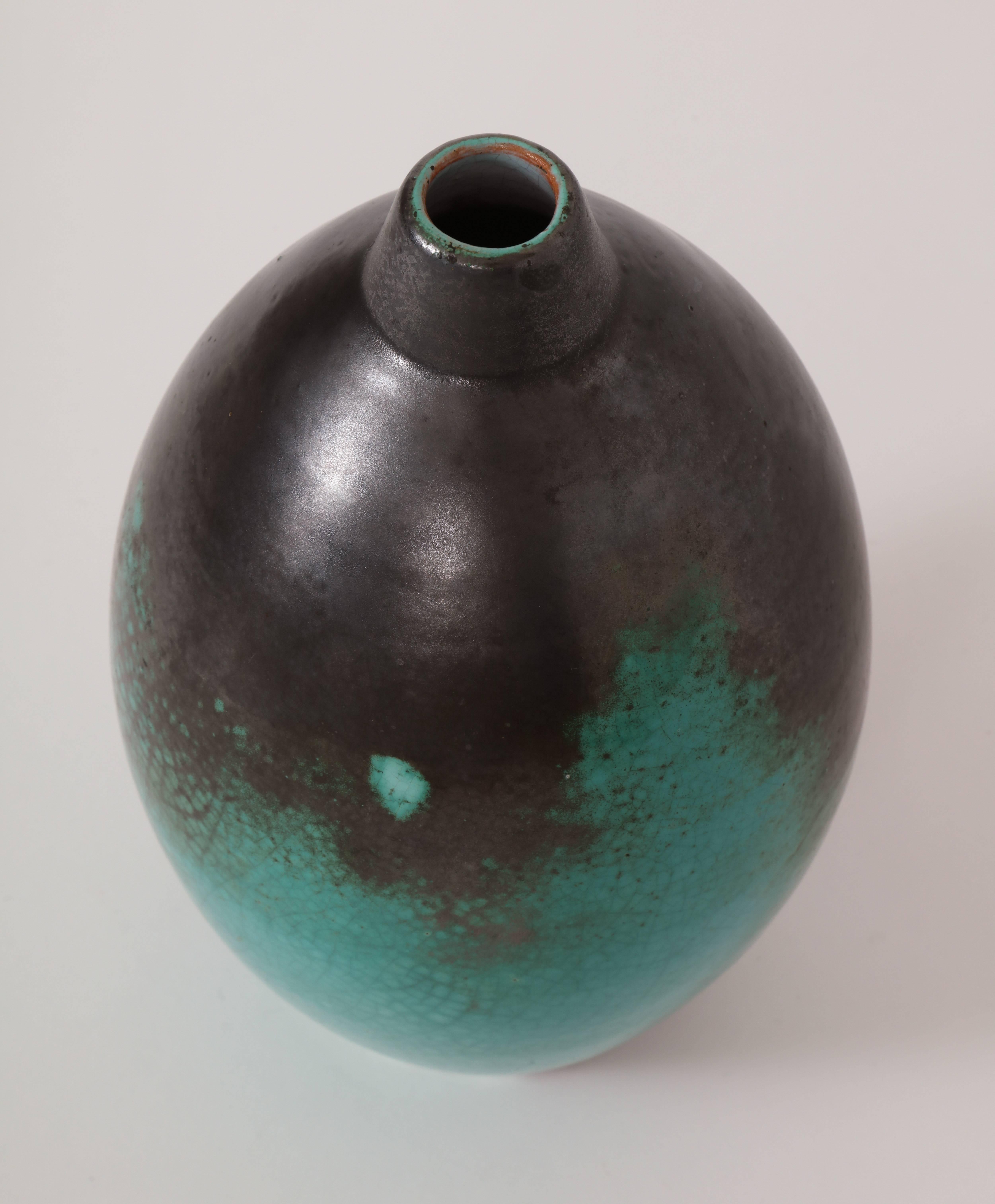 Primavera Accolay Massier Ceramic Green Black Vases, France, 1930s Midcentury 1