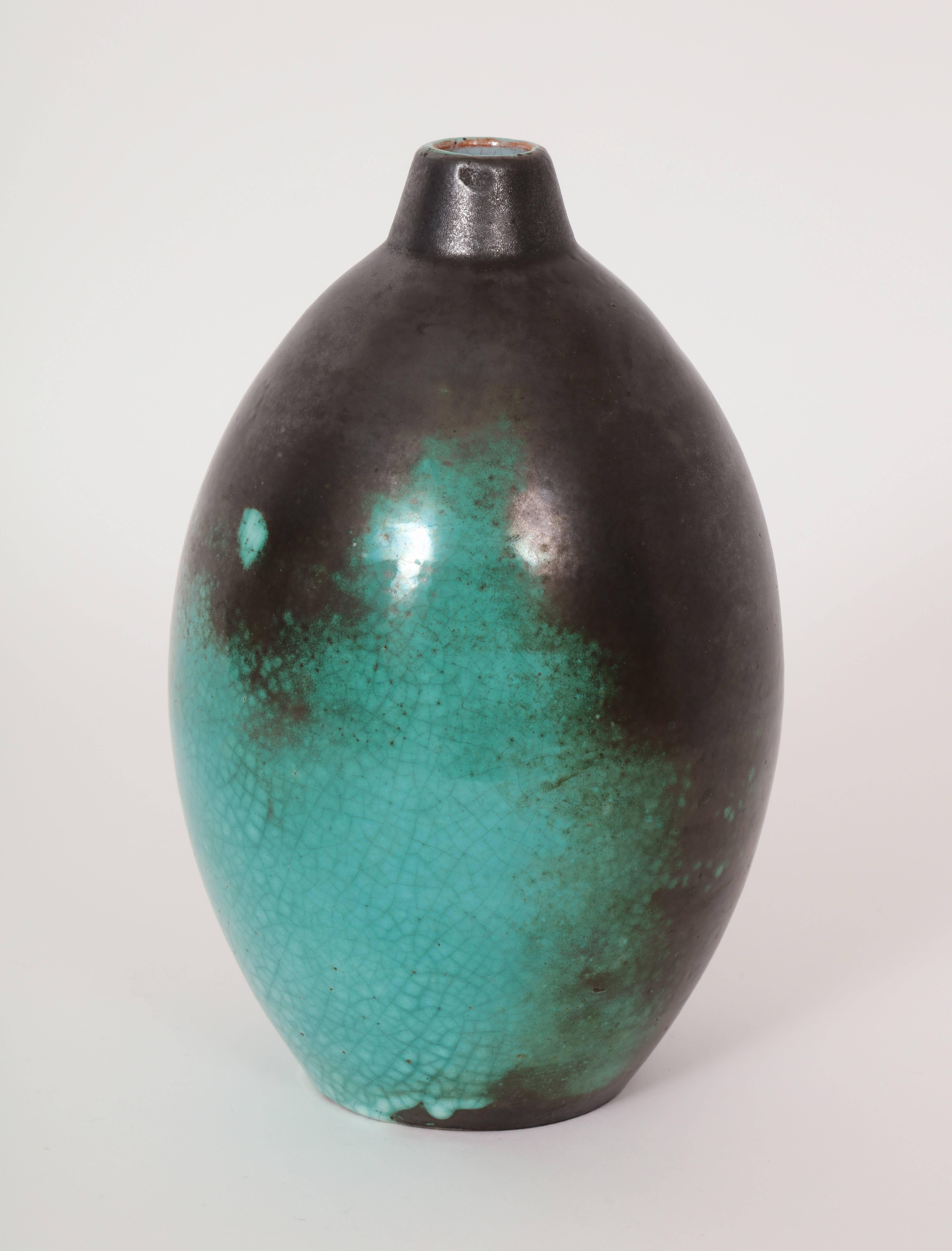 Primavera Accolay Massier Ceramic Green Black Vases, France, 1930s Midcentury 2