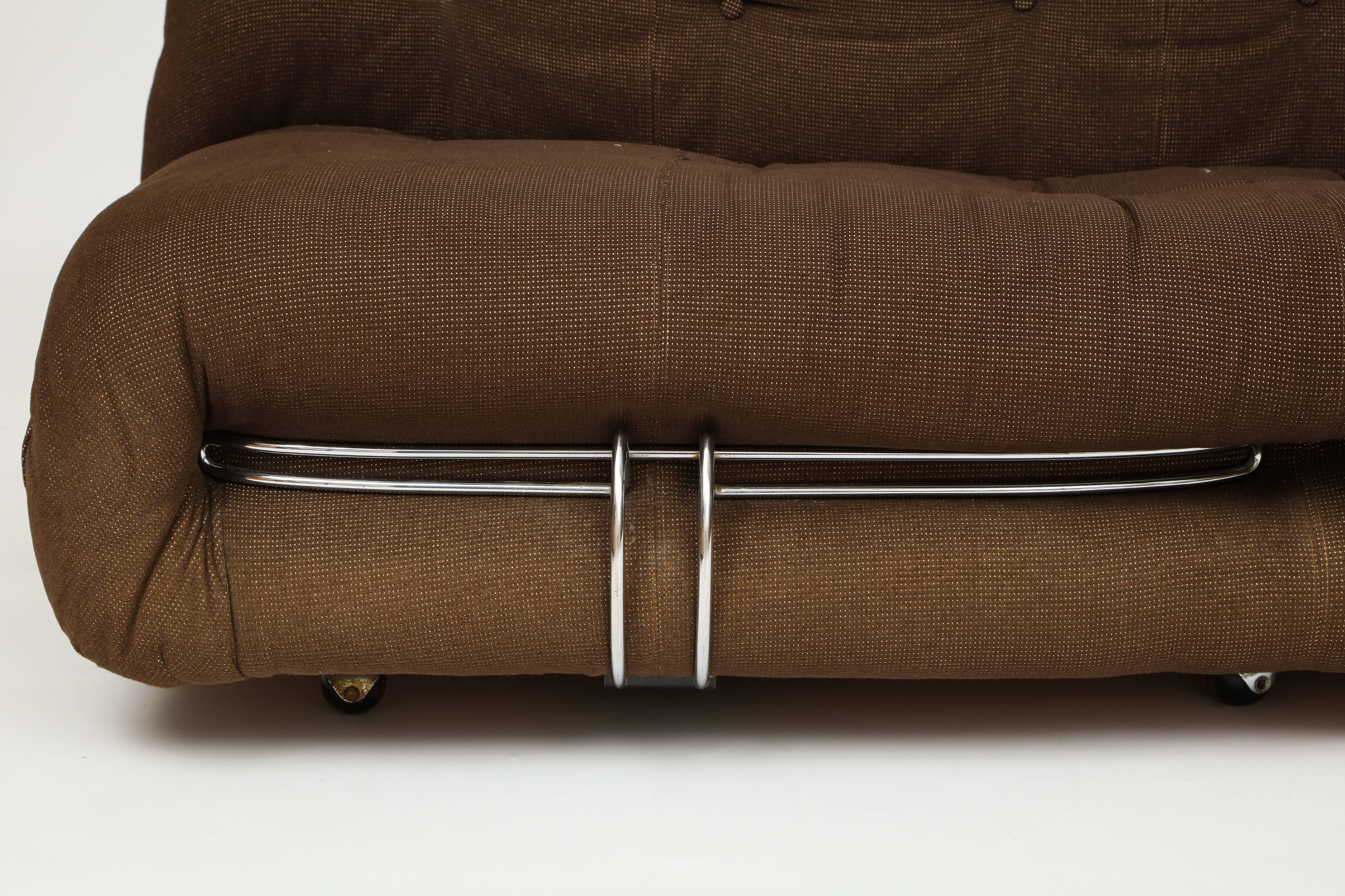 French Soriana Settee Sofa Brown and Chrome Cassina Tobia Scarpa Italy 1970 Mid-Century