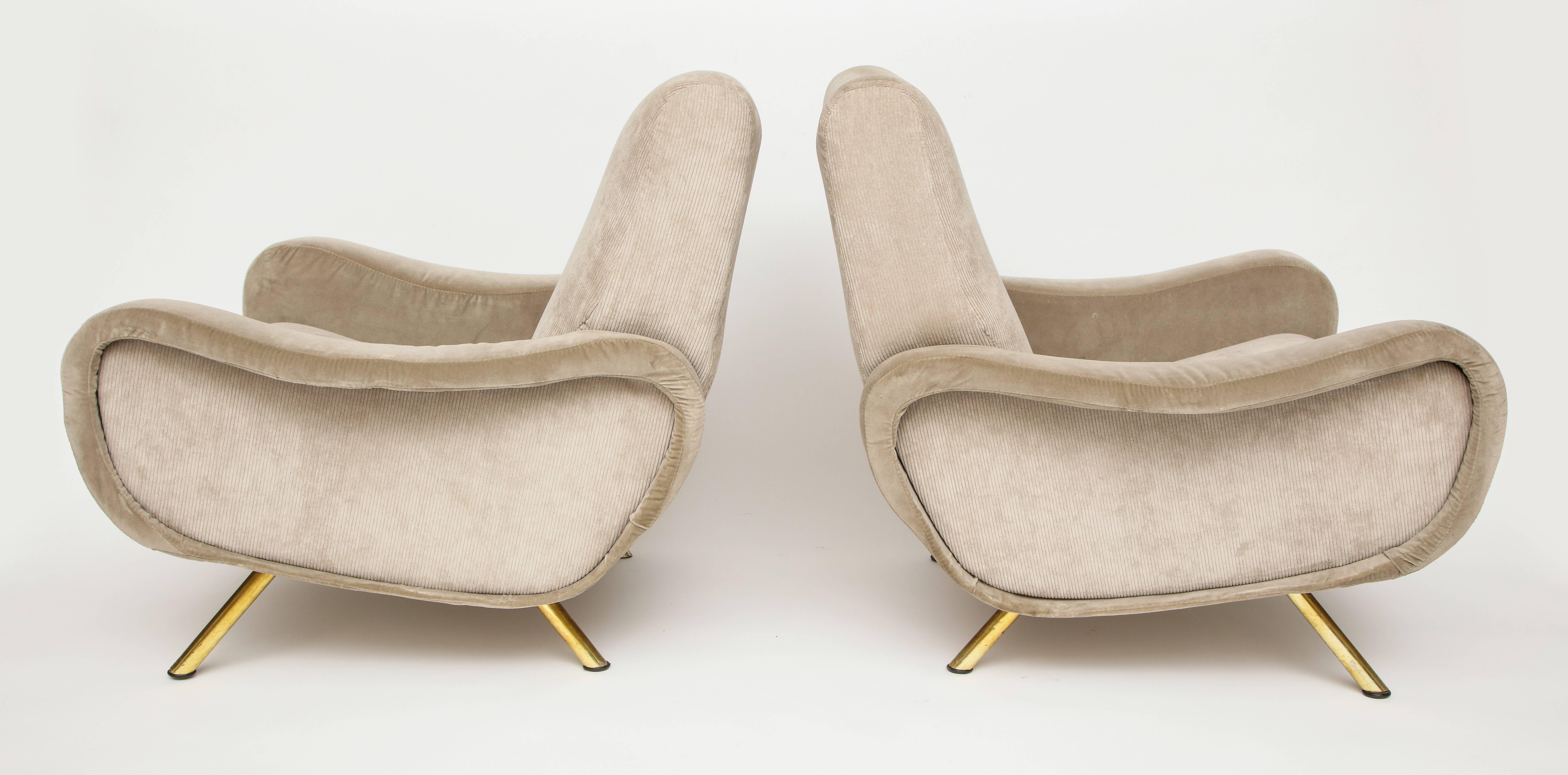 Mid-Century Modern Zanuso Arflex Pair of Lady Chairs in Grey Beige Velvet Mid-Century, Italy, 1950s