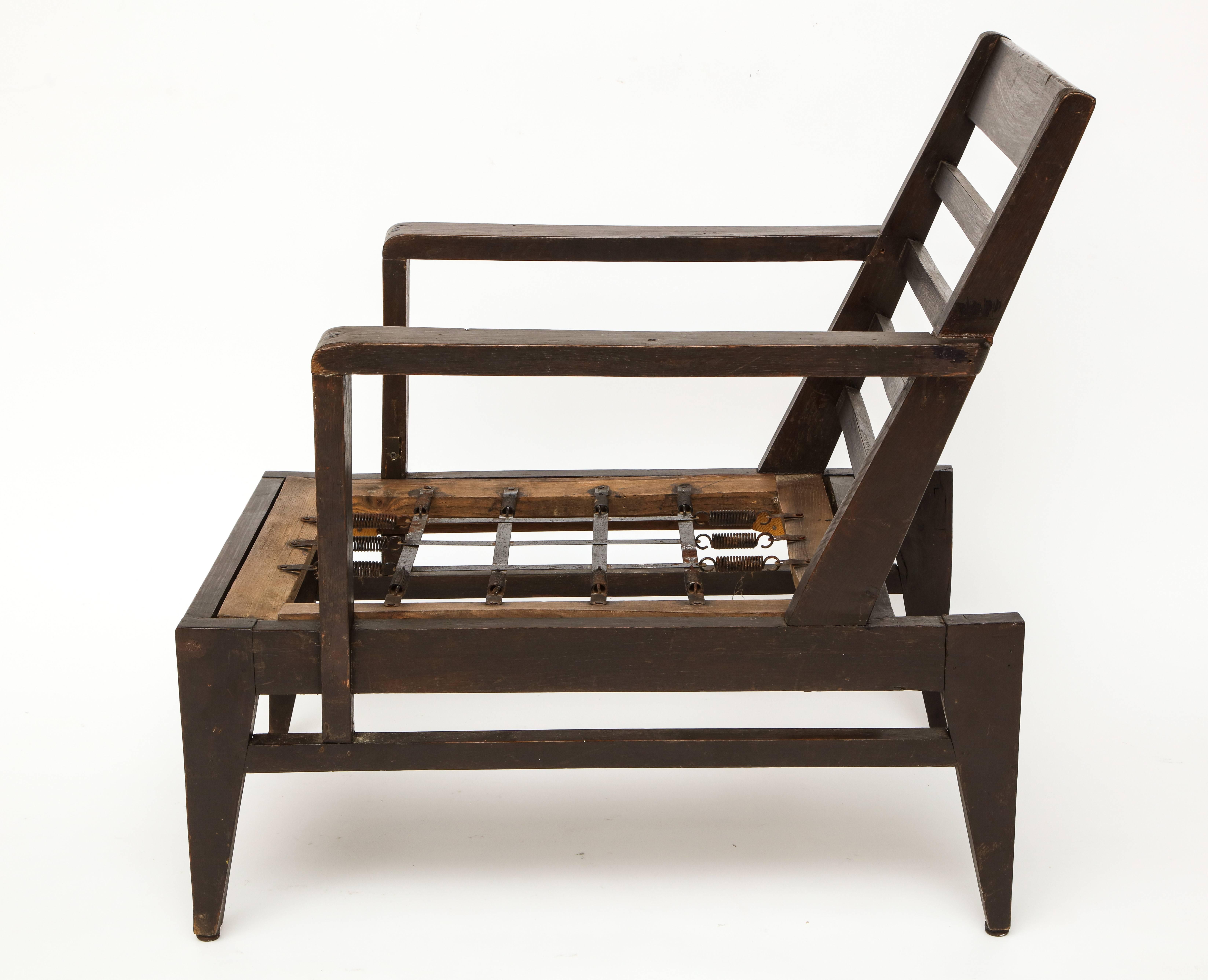 Mid-Century Modern Rene Gabriel Dark Wood Oak Lounge Chair White Cushion Midcentury, France, 1950s