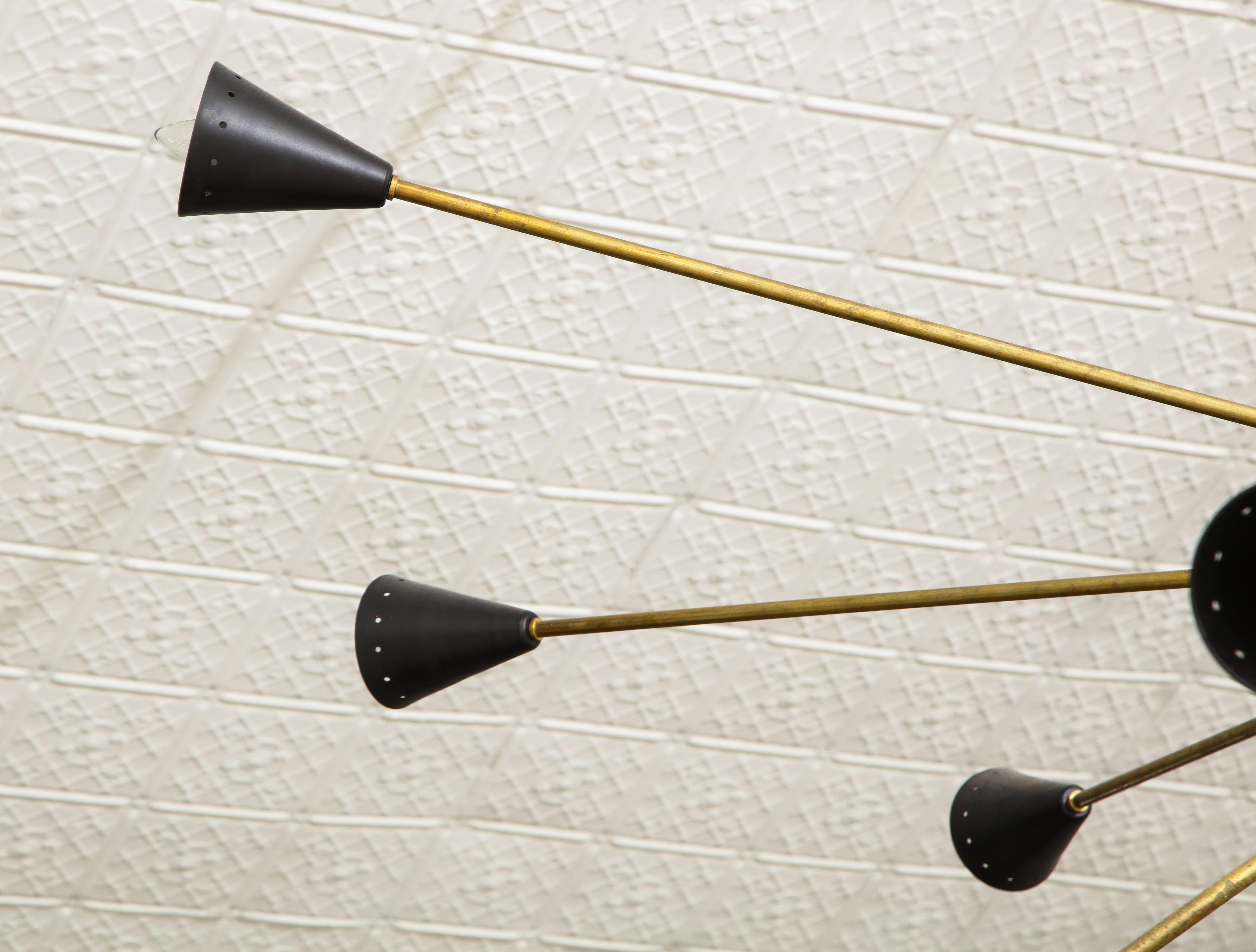 Mid-Century Modern Large 16-Arm Sputnik Brass Black, Stilnovo Style Italian Mid-Century, 1950-1960