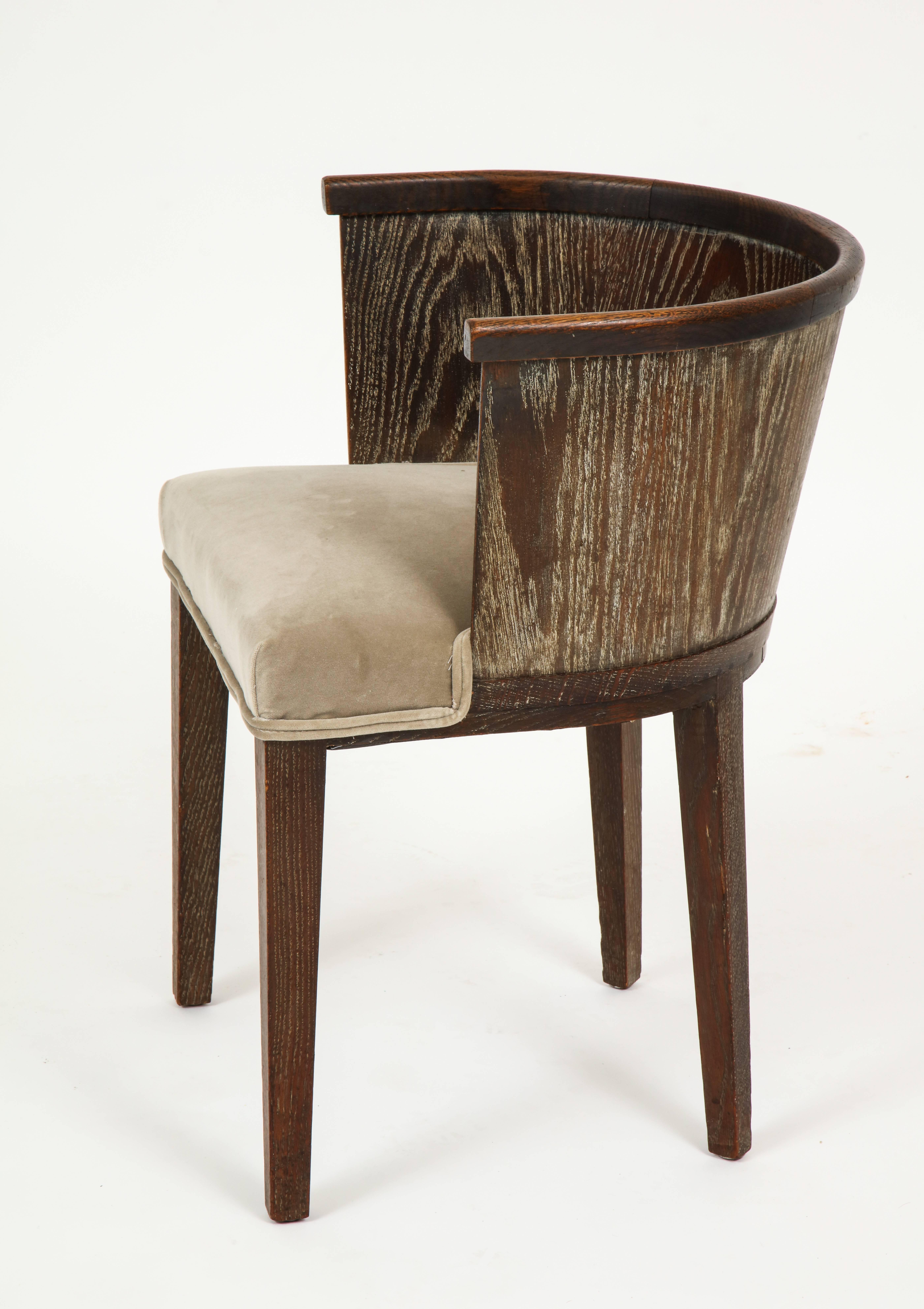 Majorelle Six Grey Cerused Oak Brown Barrel Chairs Art Deco, France, 1930s-1940s In Good Condition In New York, NY