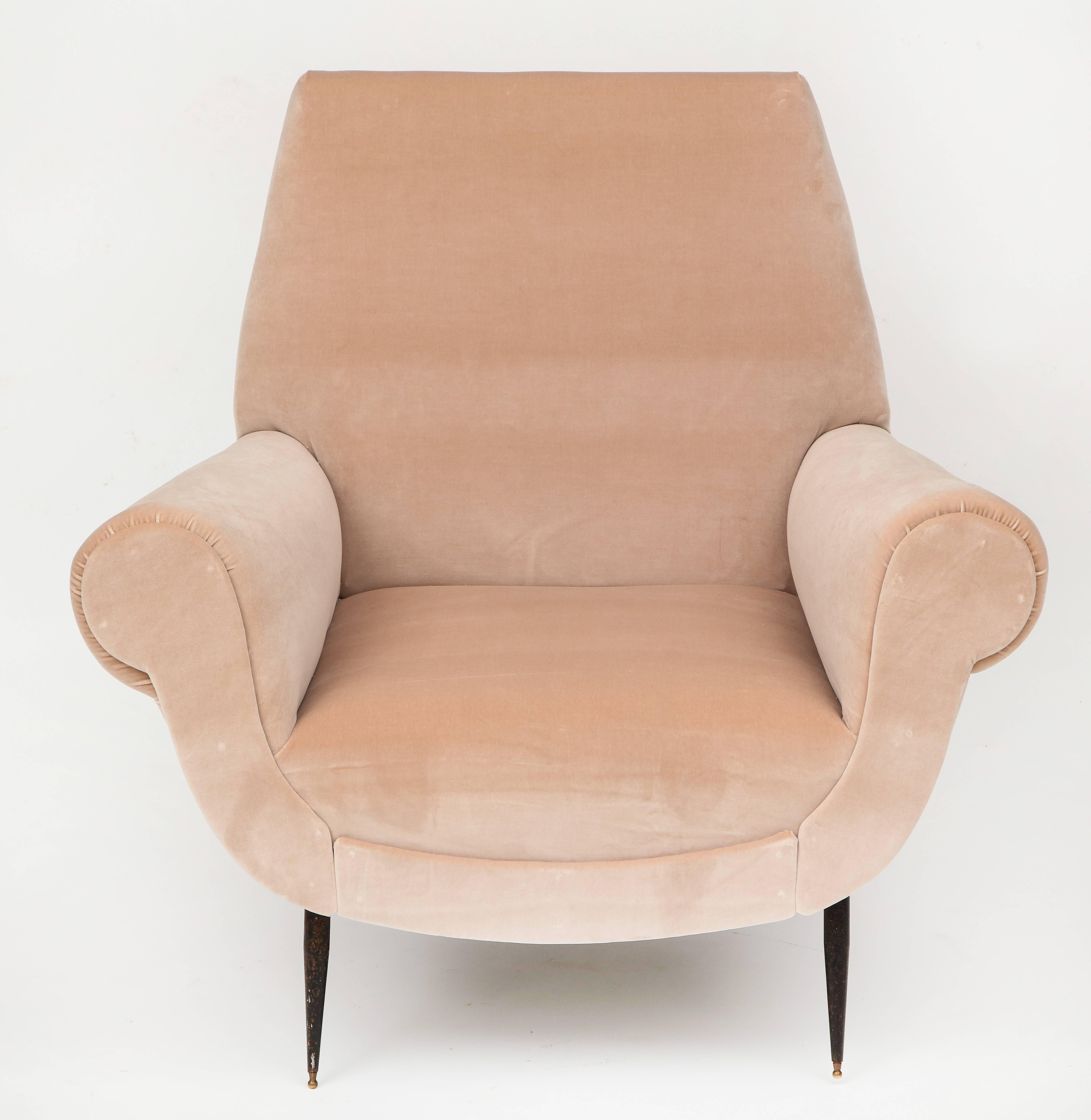 Mid-Century Modern Pair of Pink Beige Velvet Italian Lounge Chairs Metal Legs, Mid-Century, 1950s