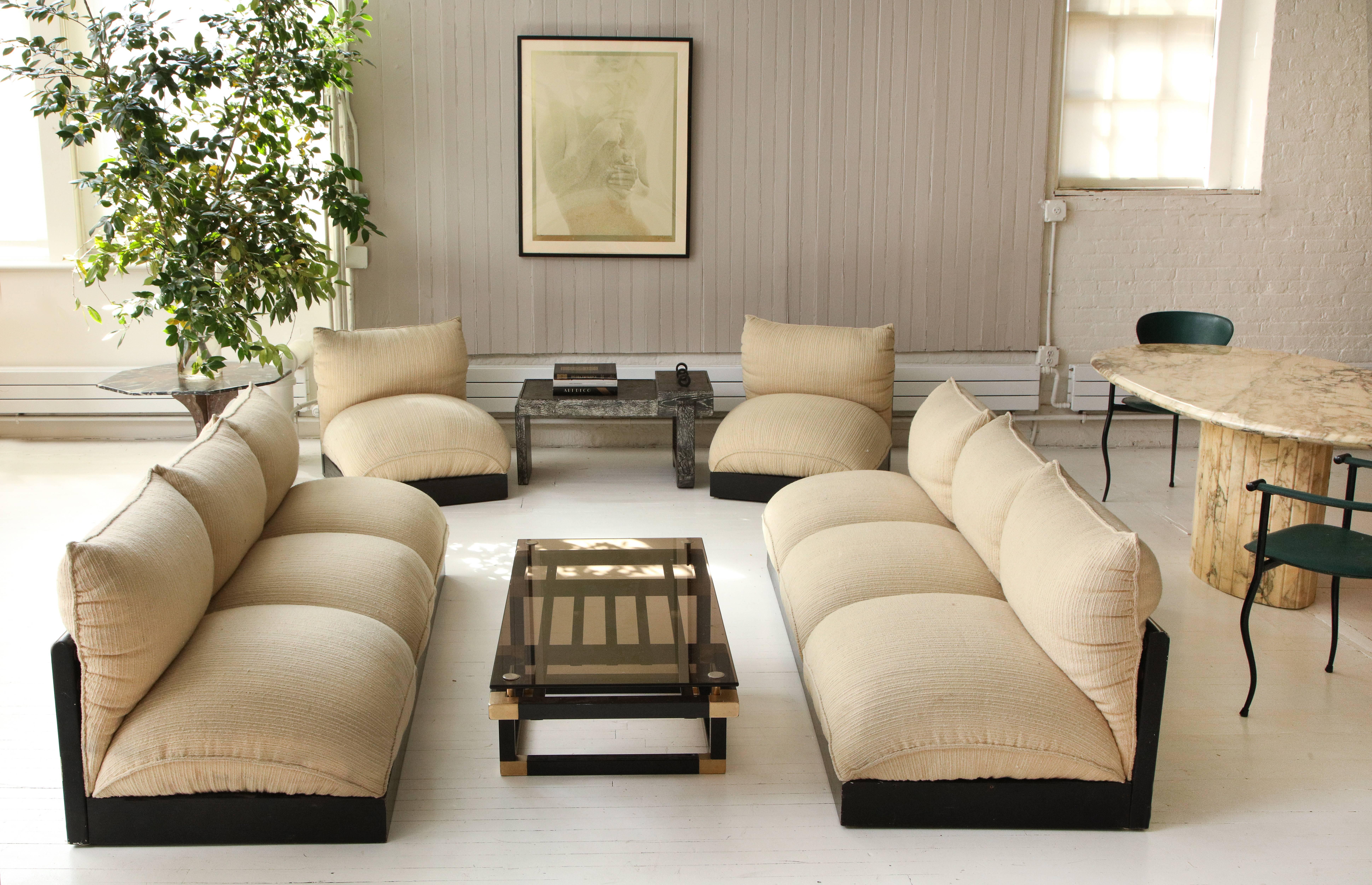 Carlo Bartoli Blob sofa chair set, 1970s, Italy.

The most amazing seating set in excellent original condition. The Fabric is a heavy cream bouclé wool type. The back of each item is wood. The seats are firm and are filled with foam but very