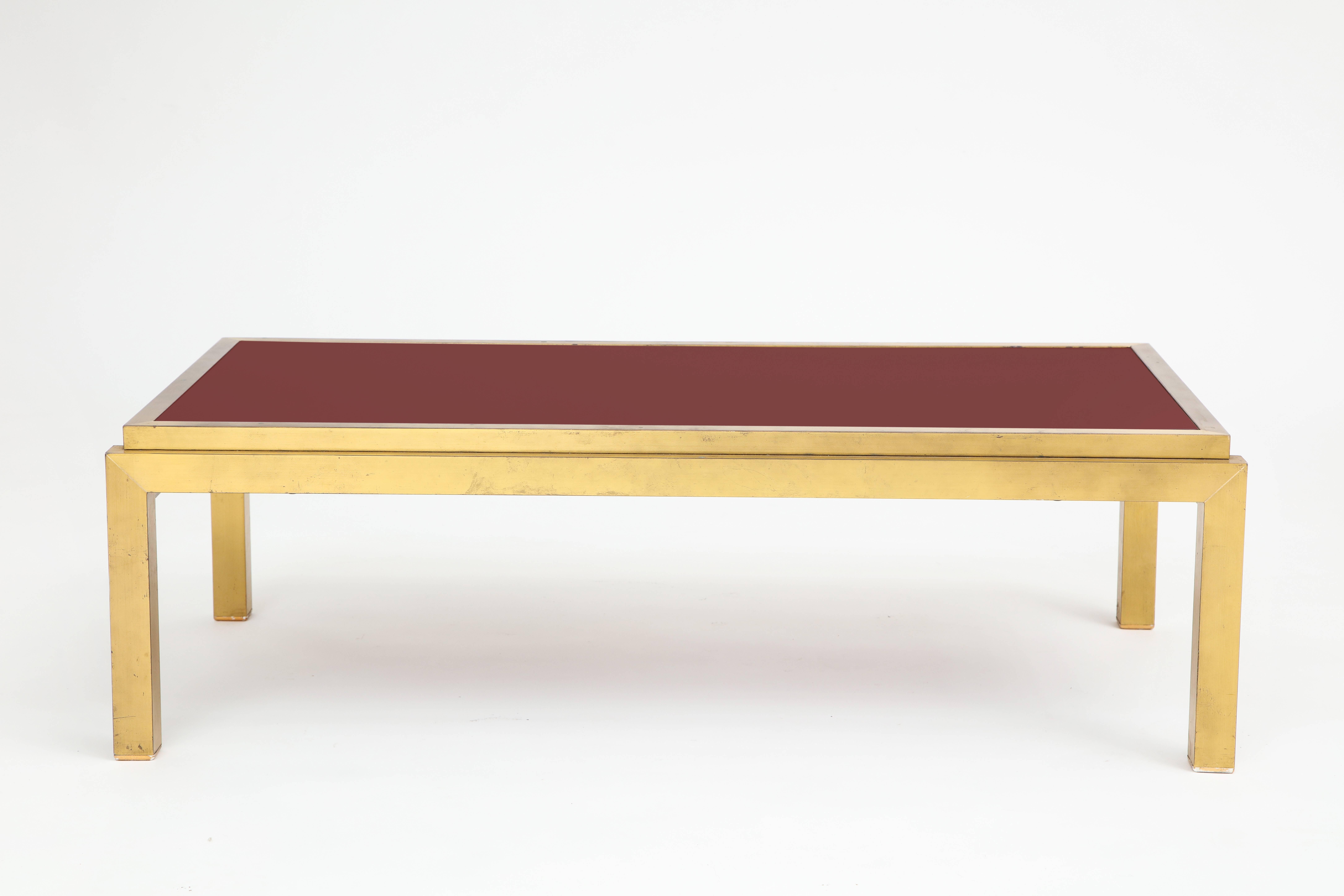 Mid-Century Modern Maison Jansen Attributed Brass Red Glass Coffee Table 1970s, 1980s, France