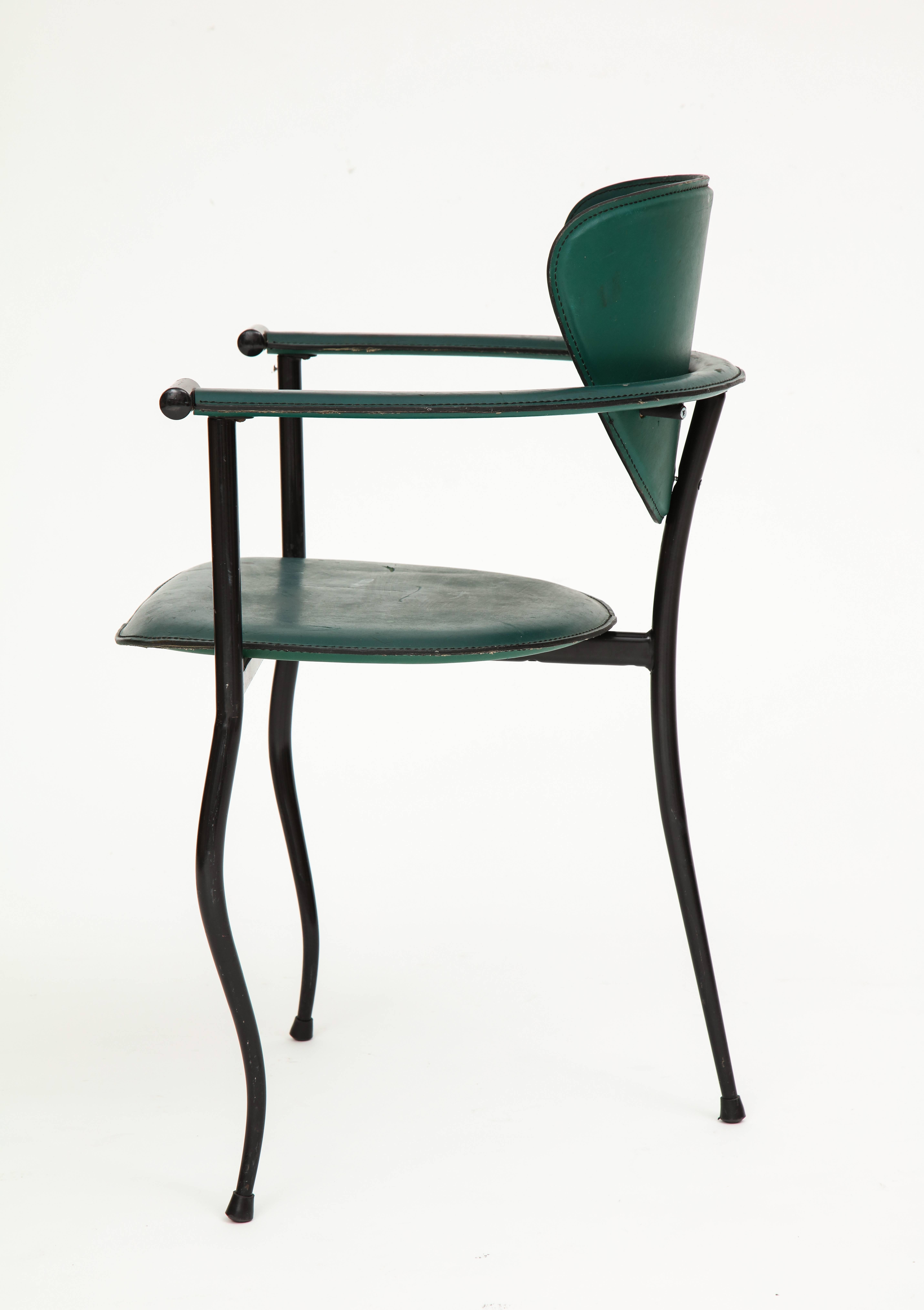 Postmodern Sculptural Green Leather and Iron Side Chairs, 1980s-1990s In Good Condition In New York, NY