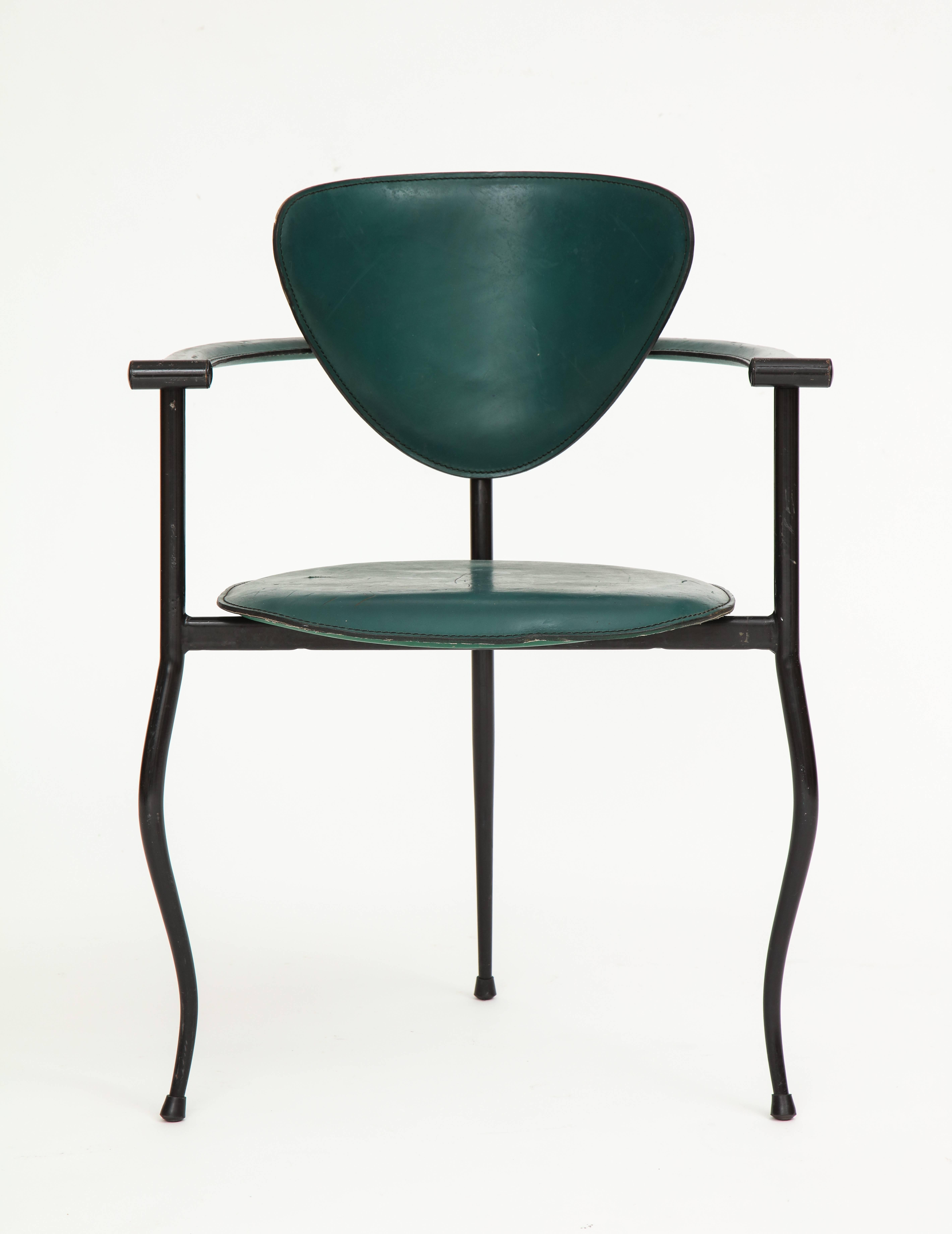 Italian Postmodern Sculptural Green Leather and Iron Side Chairs, 1980s-1990s