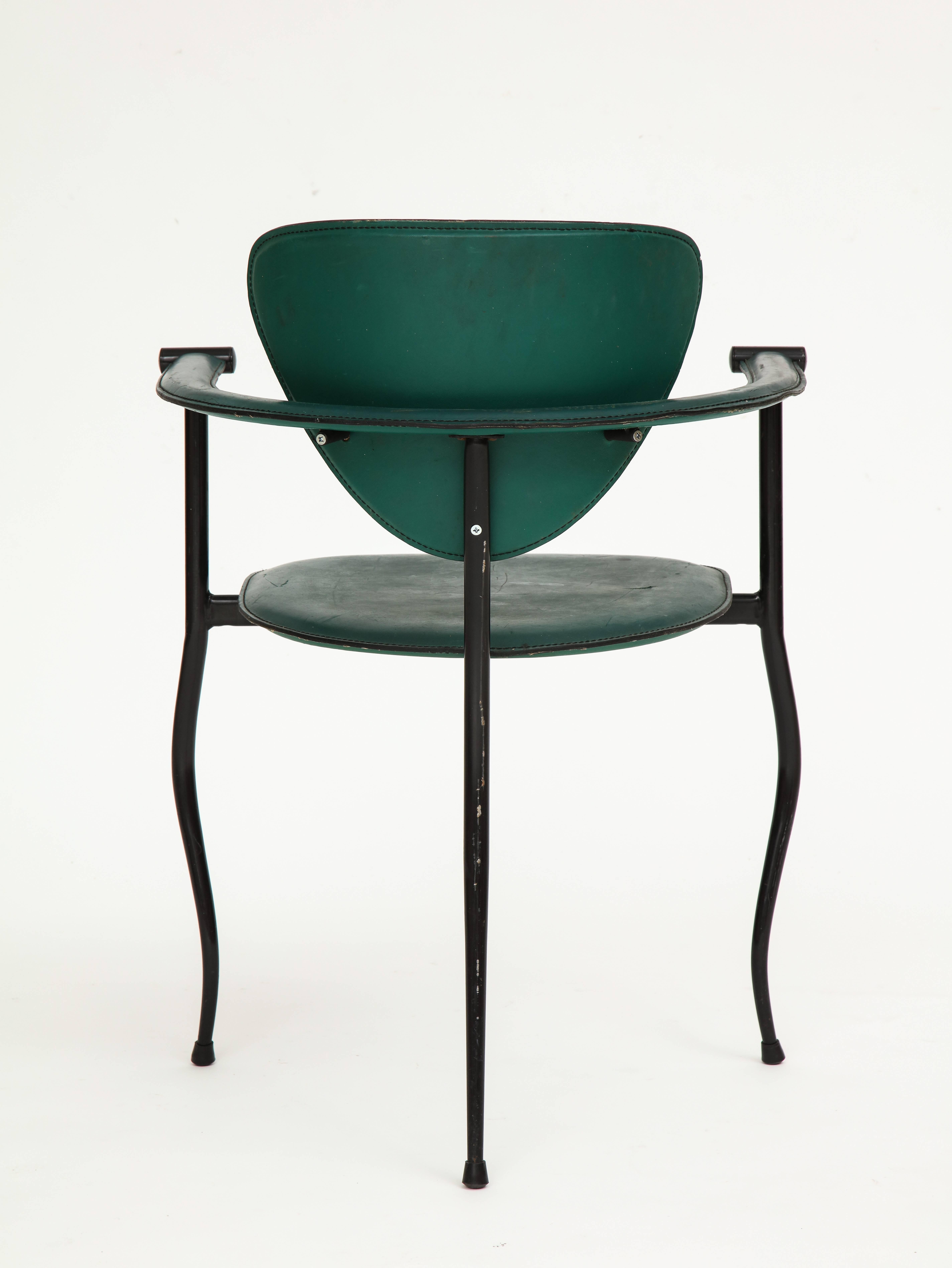 Late 20th Century Postmodern Sculptural Green Leather and Iron Side Chairs, 1980s-1990s