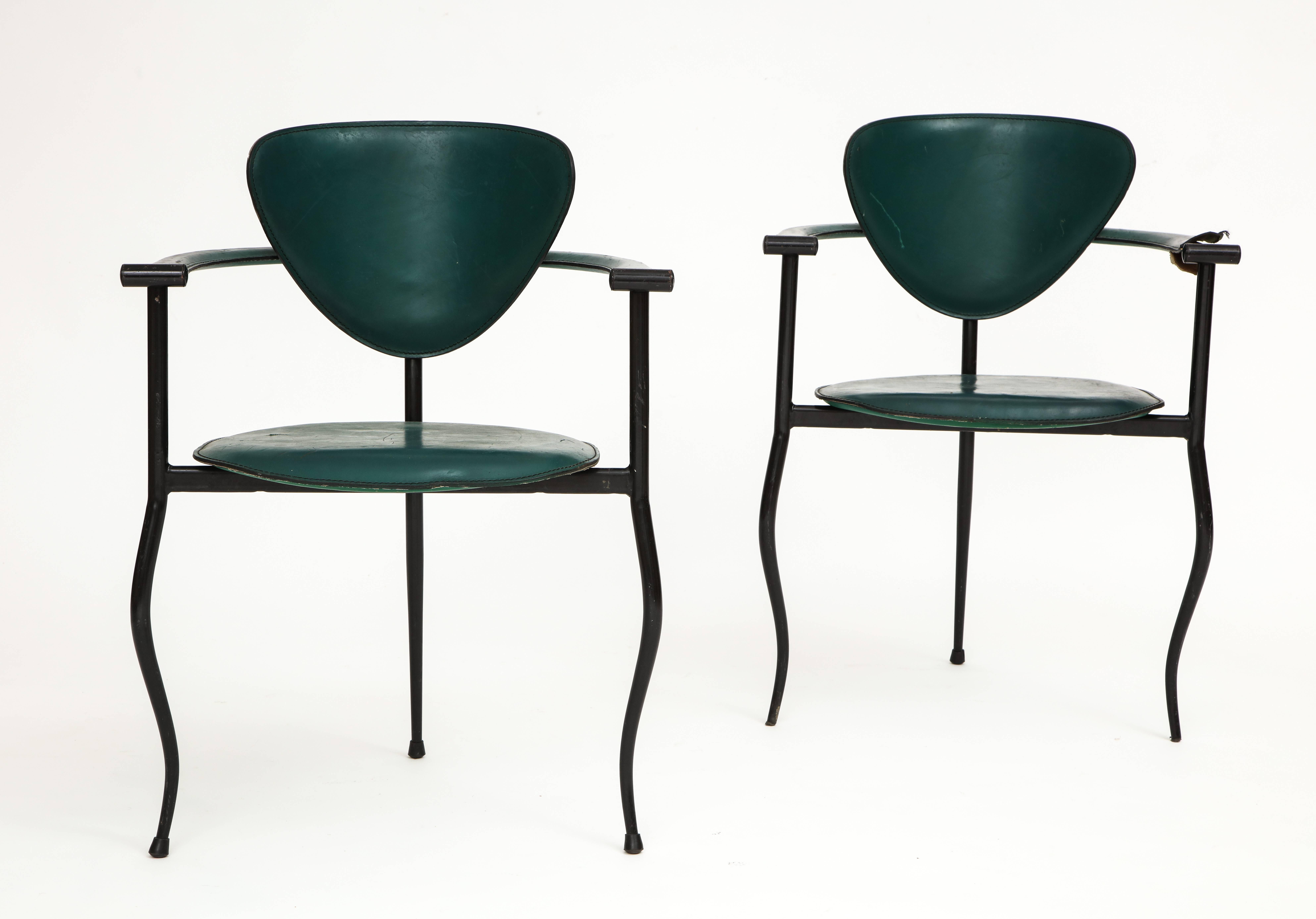 Post-Modern Postmodern Sculptural Green Leather and Iron Side Chairs, 1980s-1990s