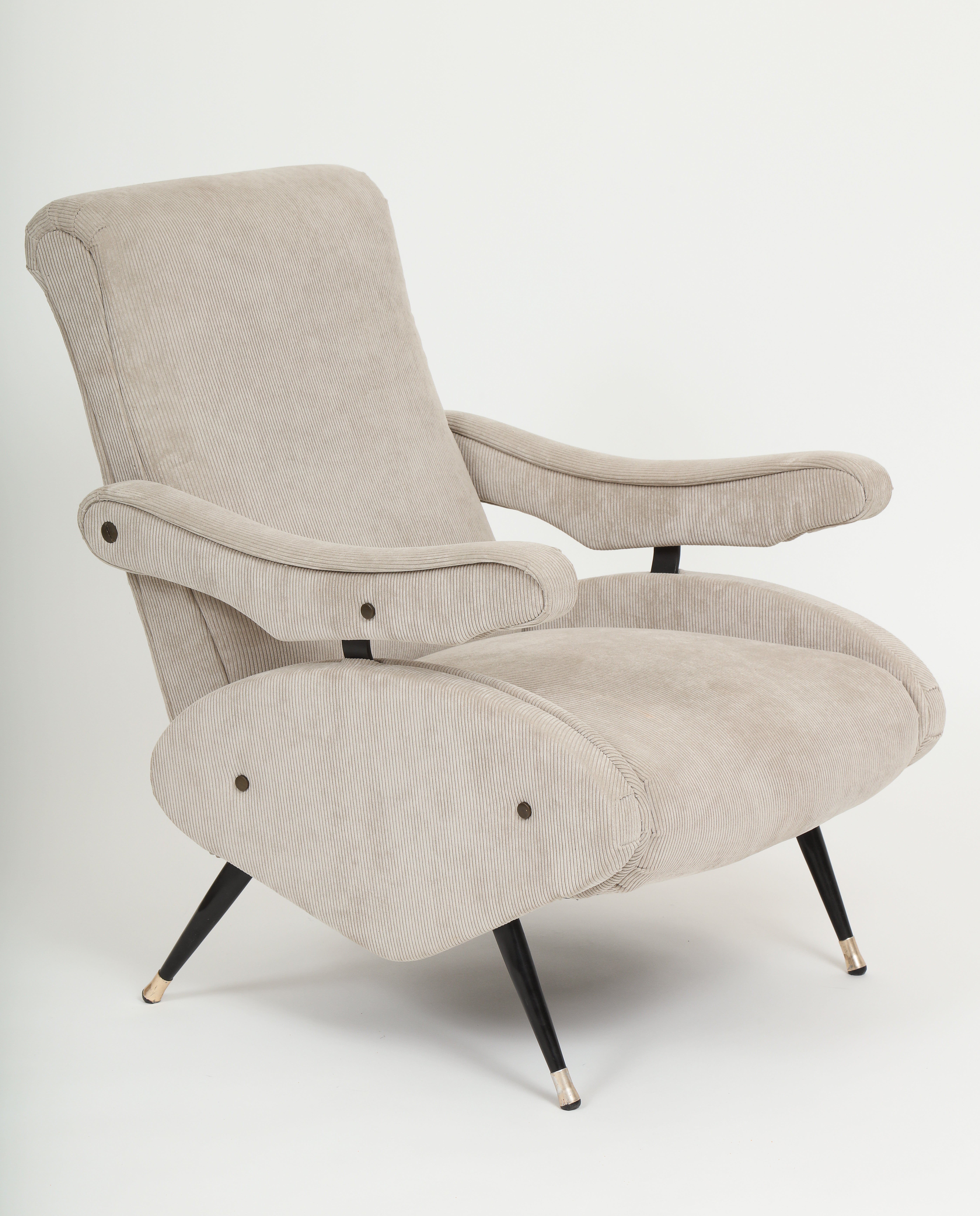 Italian Reclining Zanuso Style Grey Corduroy Pair Lounge Chairs, Mid Century Italian Reclining Zanuso Style Grey Corduroy Pair Lounge Chairs, Mid Century