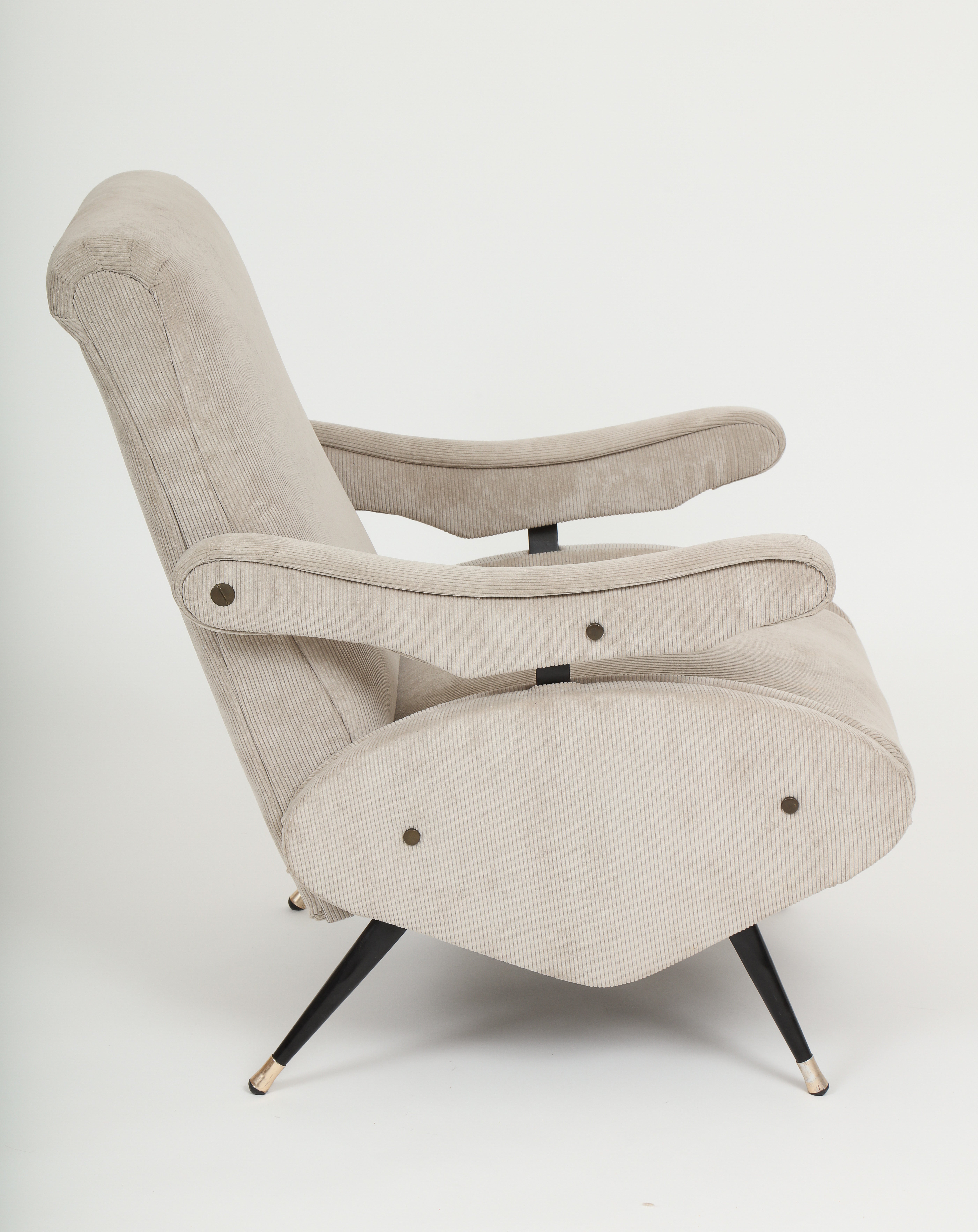 Italian Reclining Zanuso Style Grey Corduroy Pair Lounge Chairs, Mid Century Italian Reclining Zanuso Style Grey Corduroy Pair Lounge Chairs, Mid Century