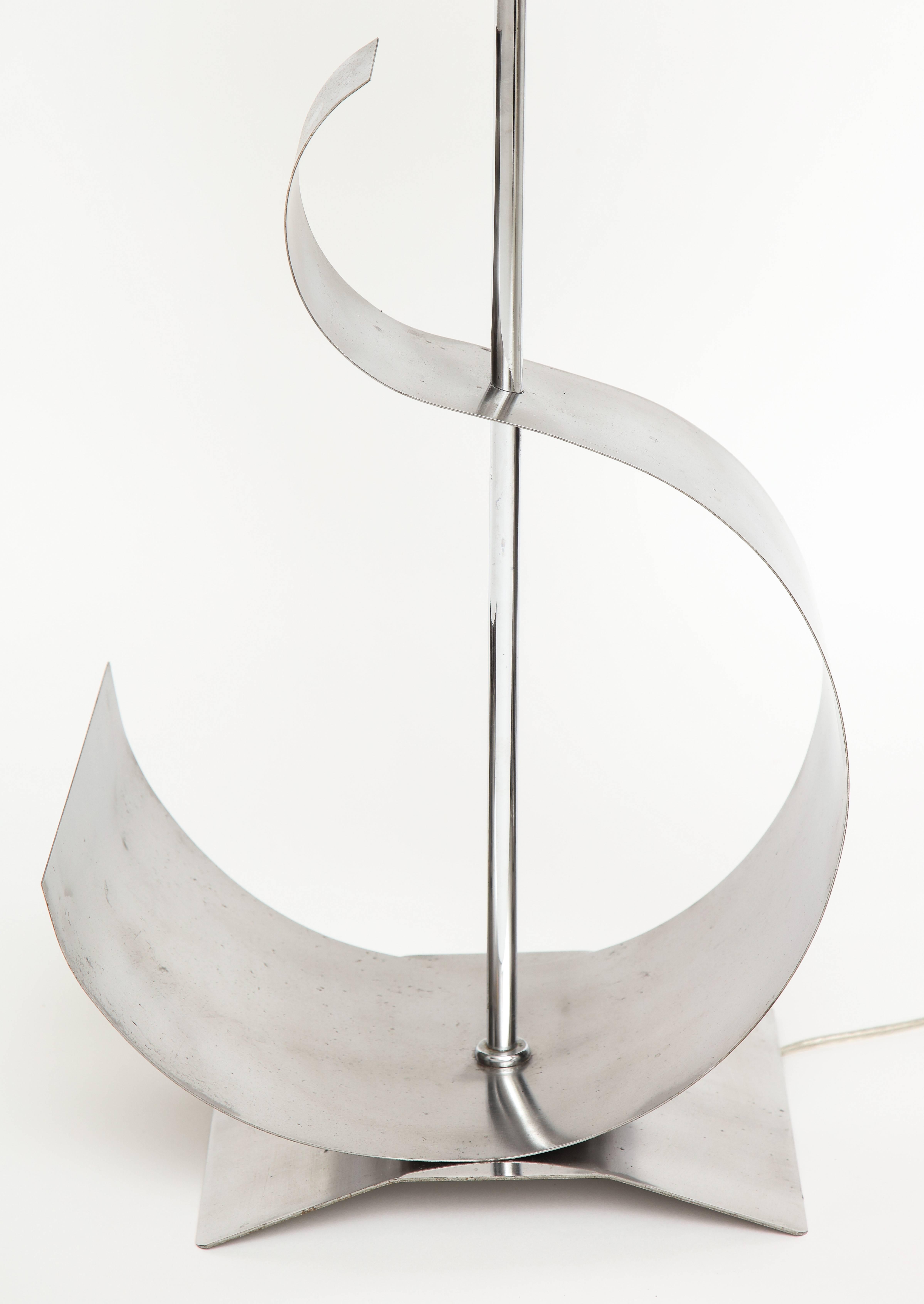 Curved Wave Steel Large French 1970s Lamp Attributed Maria Pergay, Mid-Century 1