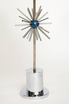 Chrome Desk Lamp with Lacquered Blue Sputnik Design, French, 1970s, Midcentury