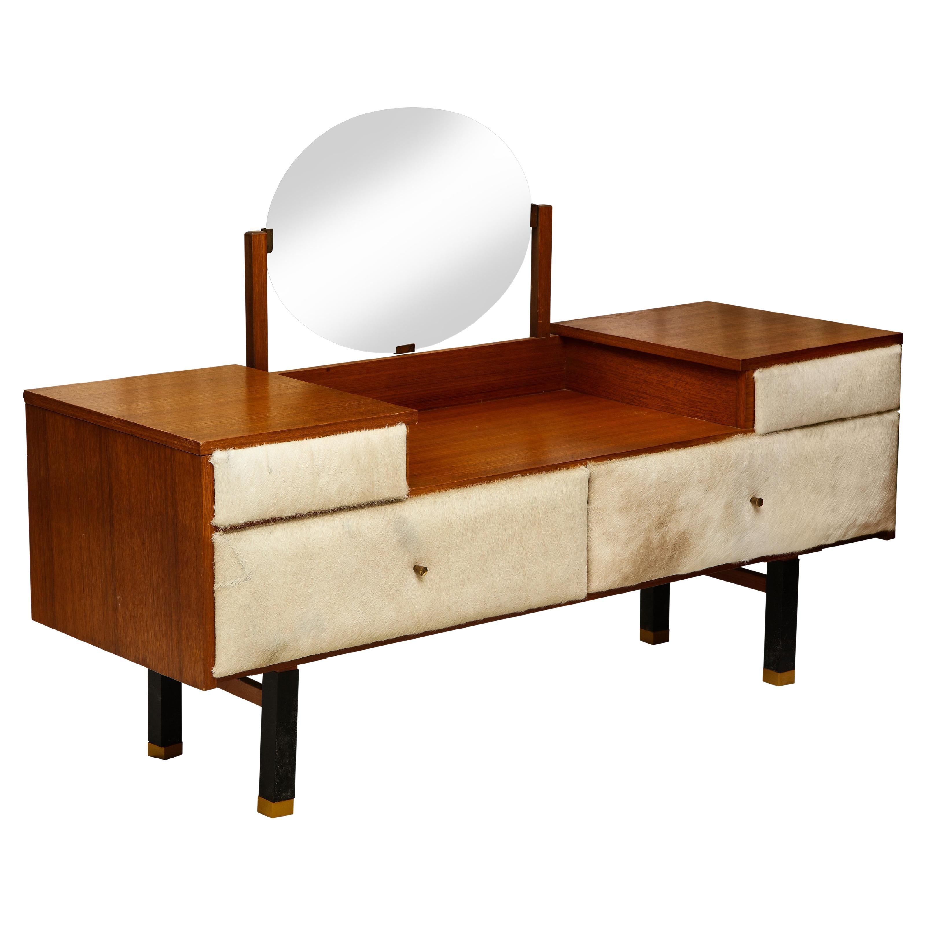 Roger Landault Crème Cowhide Brown Wood Vanity, France, Midcentury, 1950