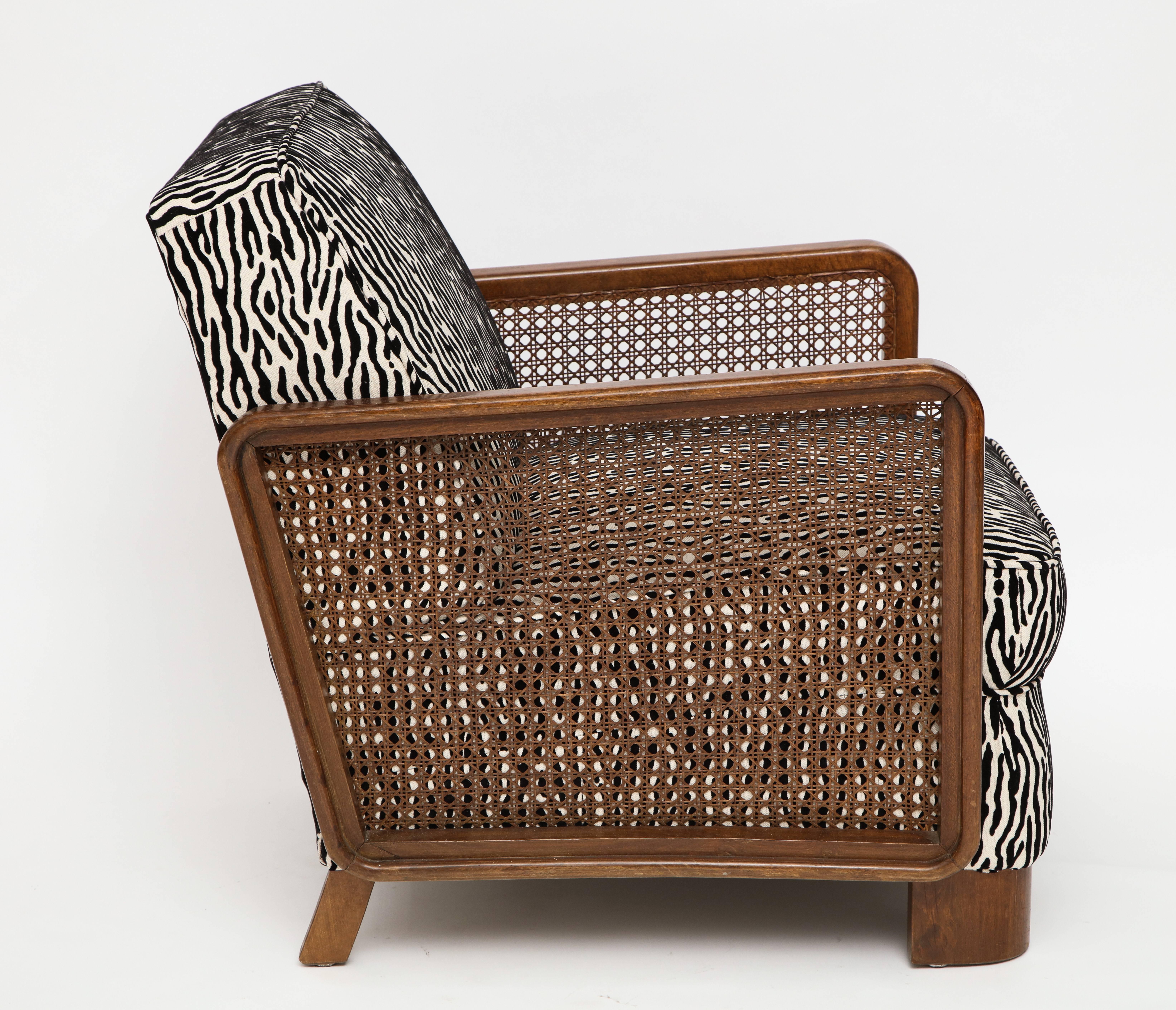 Art Deco Pair of Deco Cane Lounge Chairs Black and White Animal Print, France, 1940s