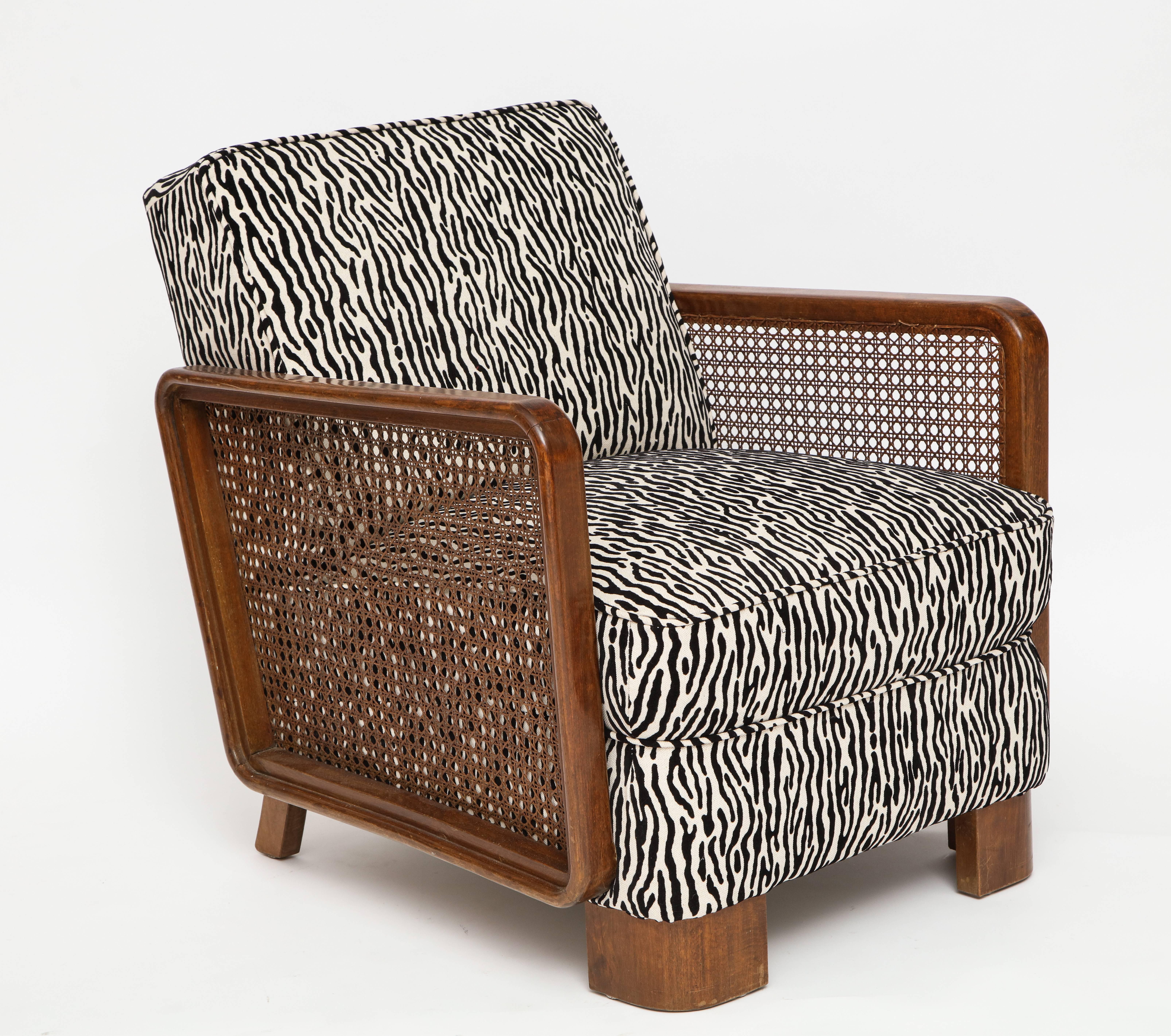 French Pair of Deco Cane Lounge Chairs Black and White Animal Print, France, 1940s