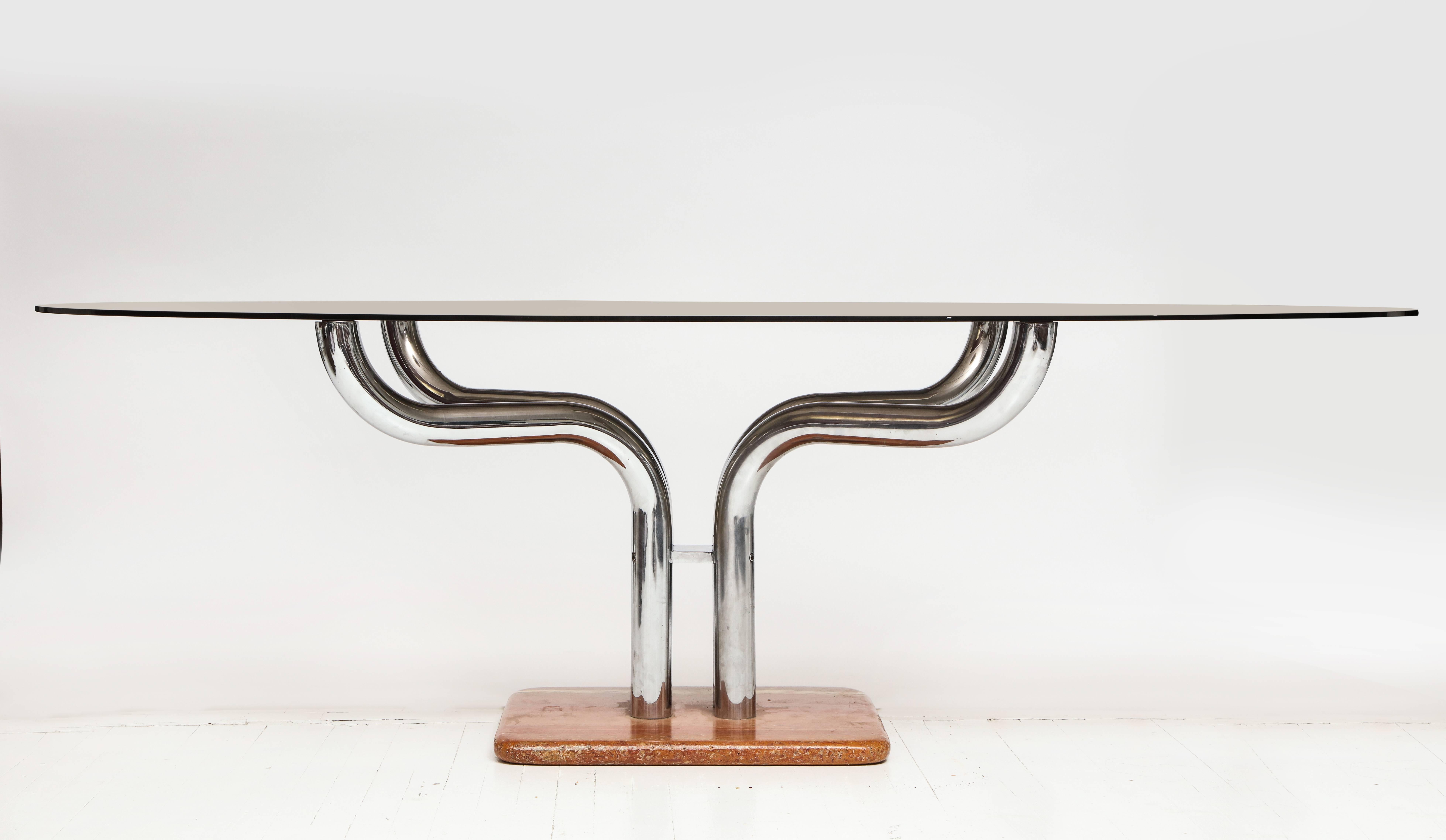 Beautiful dining table with rose marble base and chrome architectural arms, Italy, 1970s

Rose marble with smoked glass and unusual and beautiful chrome pedestal.