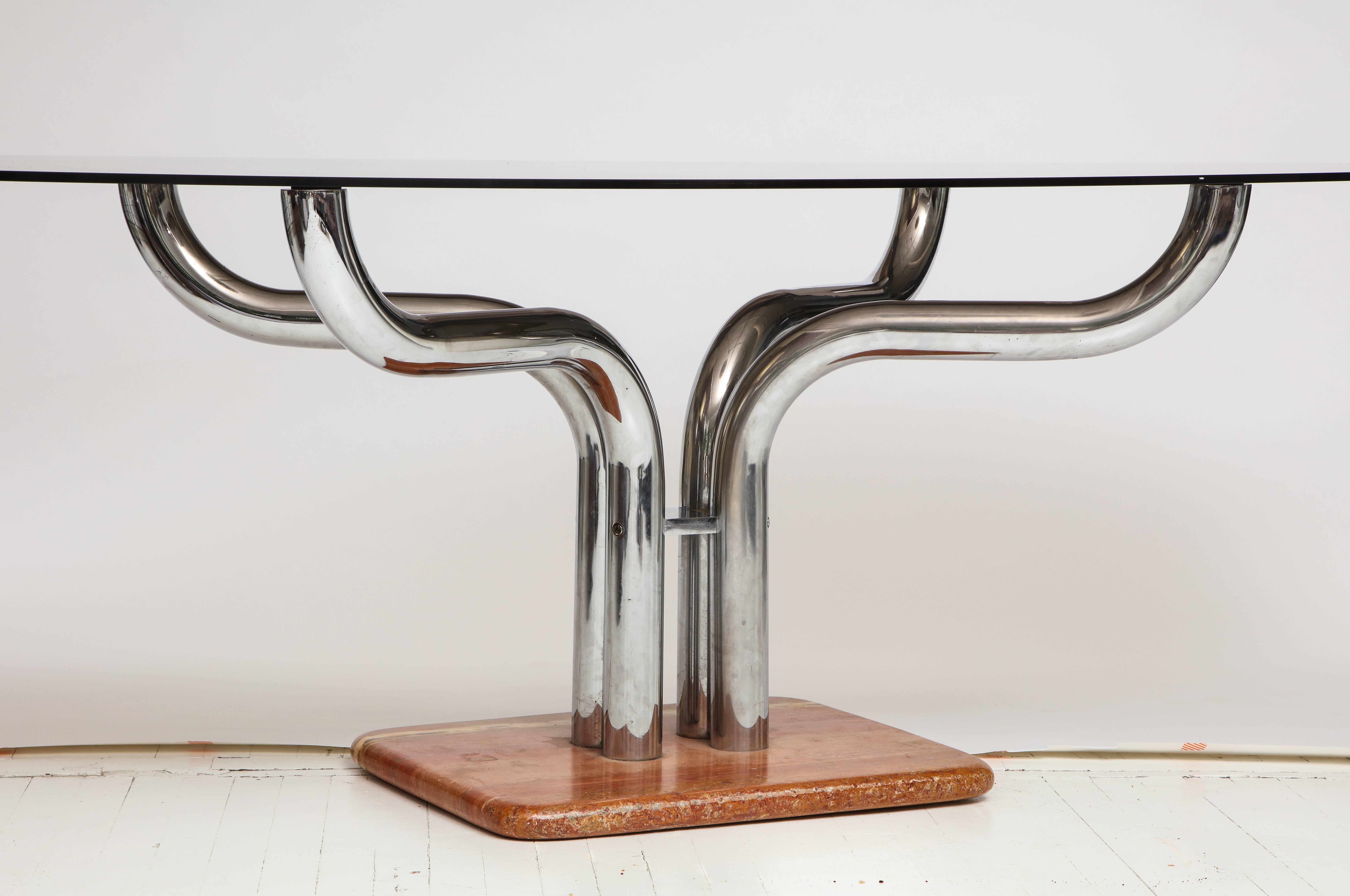 Late 20th Century Beautiful Dining Table Rose Marble Base and Chrome Architectural Arms, Italy