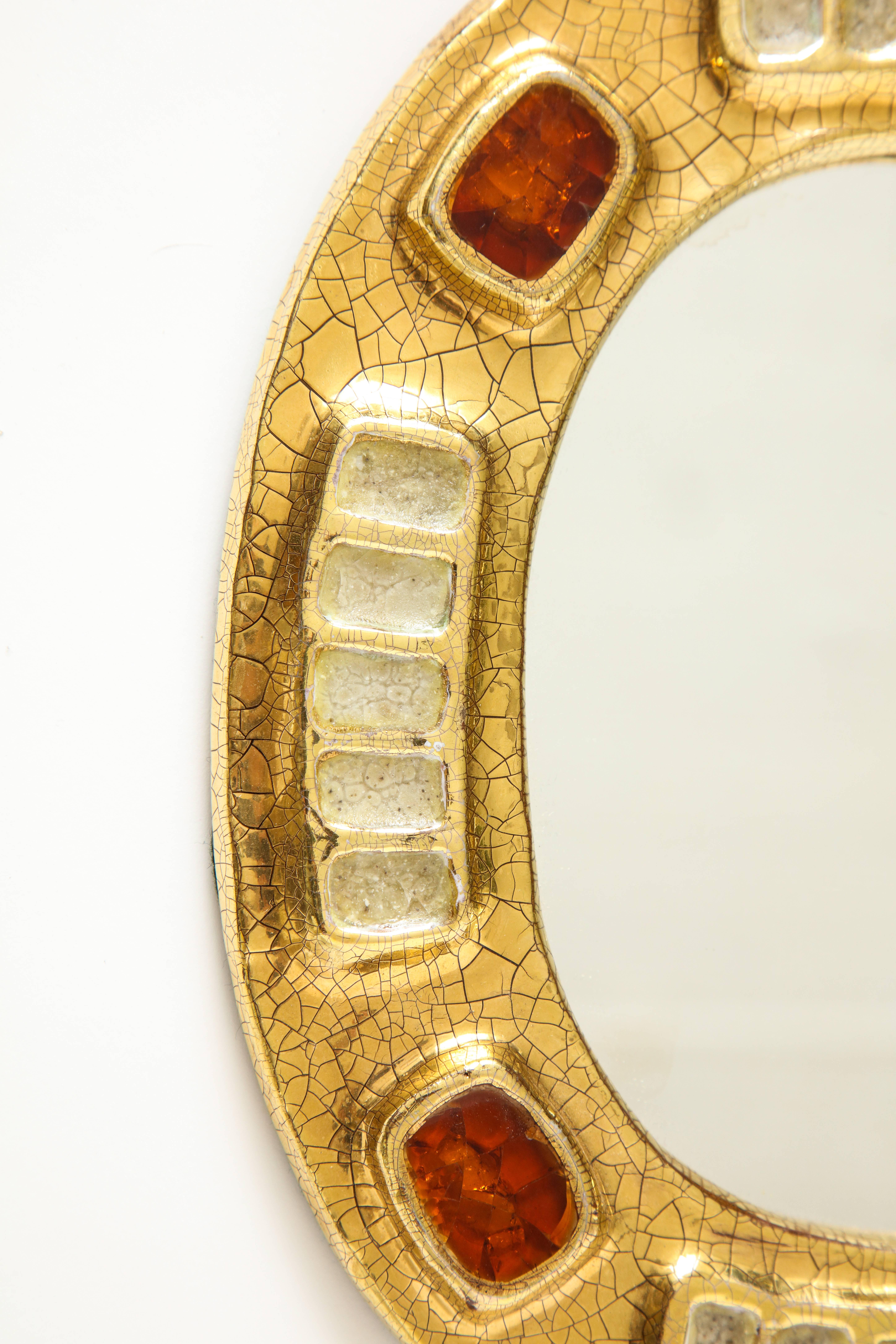 French Mithé Espelt Ceramic Jewel Mirror with Gold and Dark Red Enamel, France, 1970s