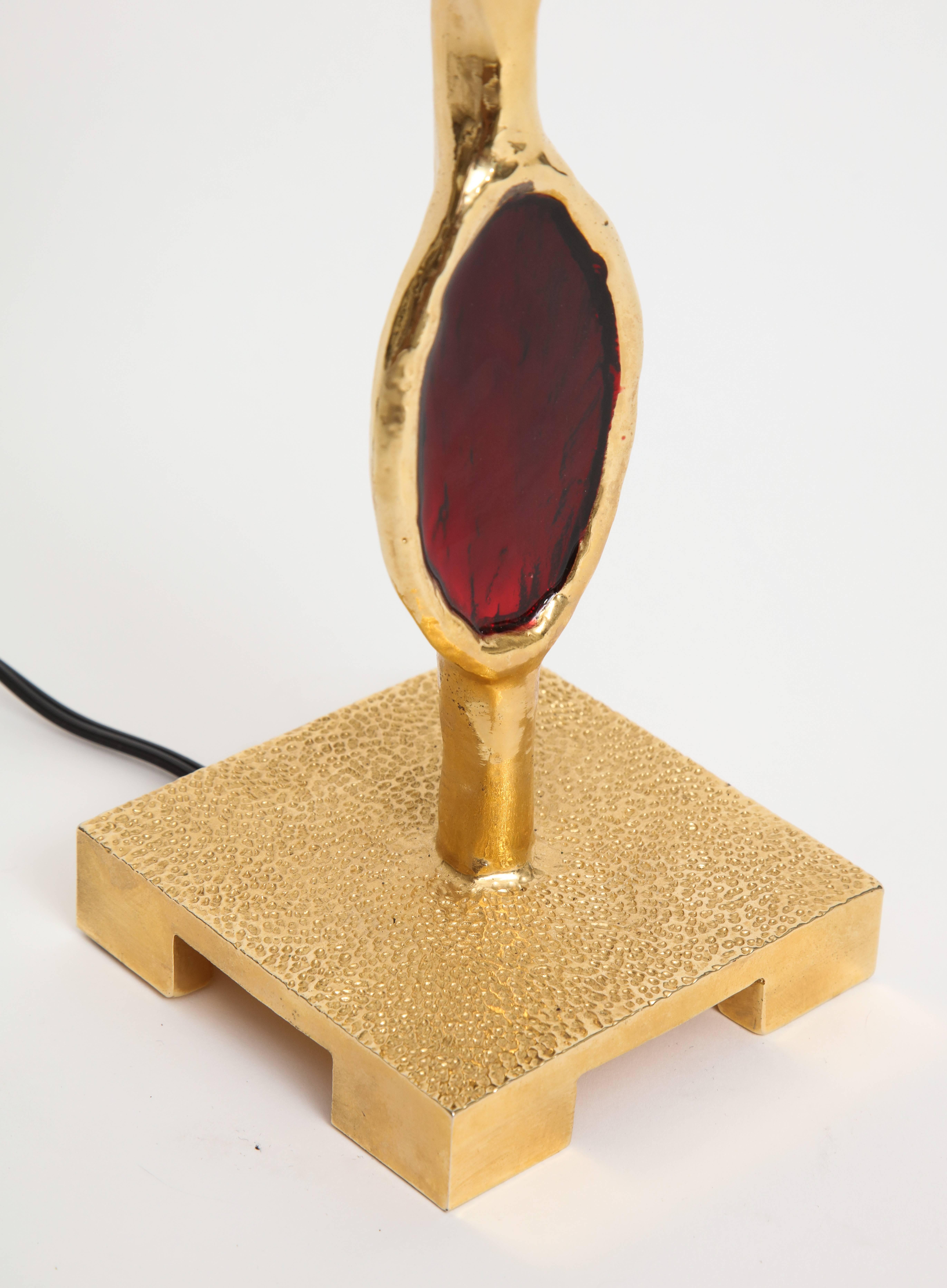 Modern Fondica Bronze Table Lamp with Enameled Red Jewel Sections, 2000s, France