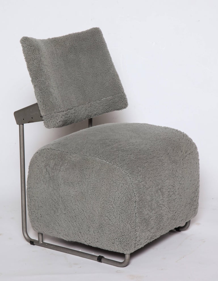 Harri Kohonen Oscar Pair of Grey Shearling Metal Chairs Postmodern