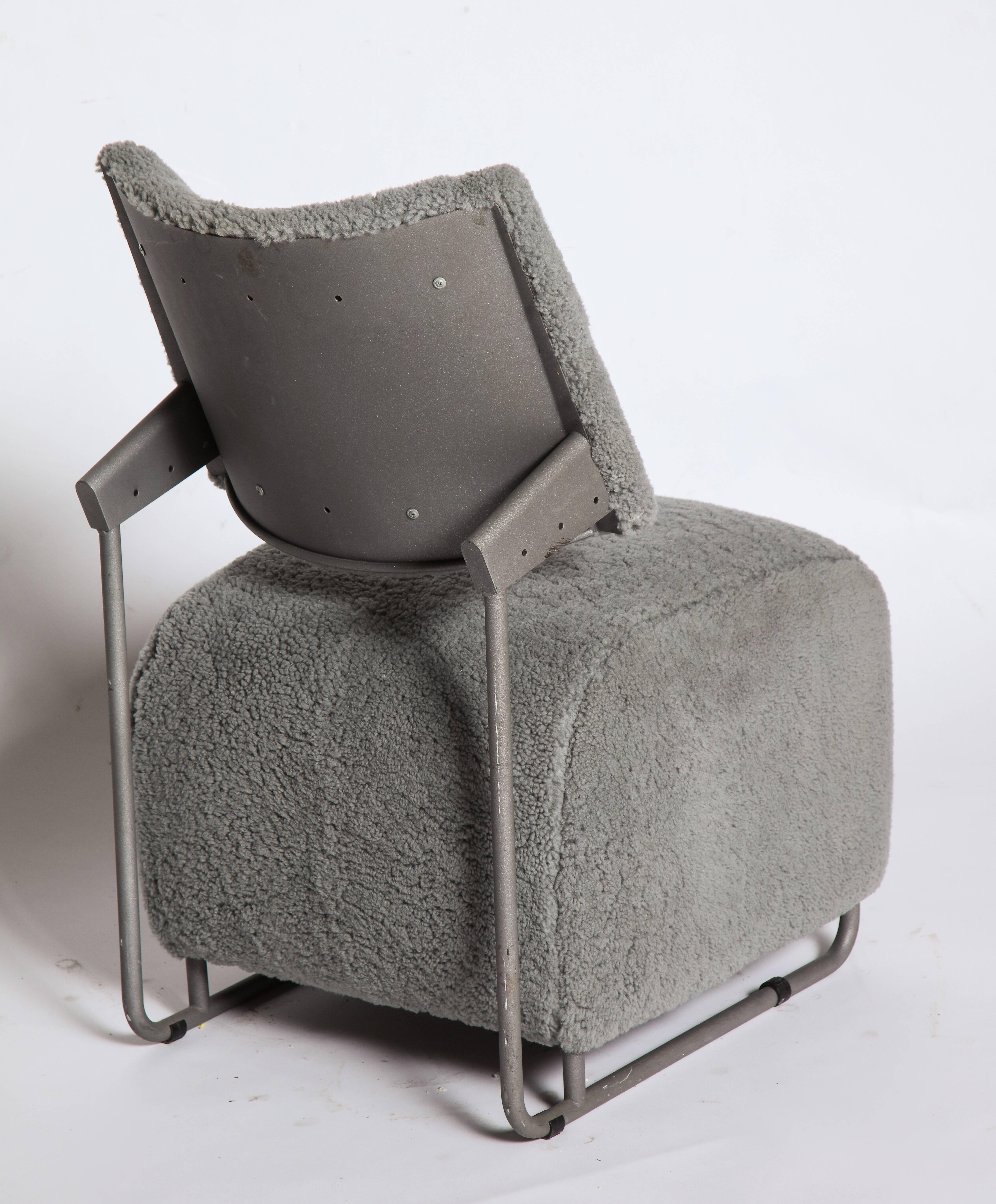 Post-Modern Harri Kohonen Oscar Pair of Grey Shearling Metal Chairs Postmodern, Finland